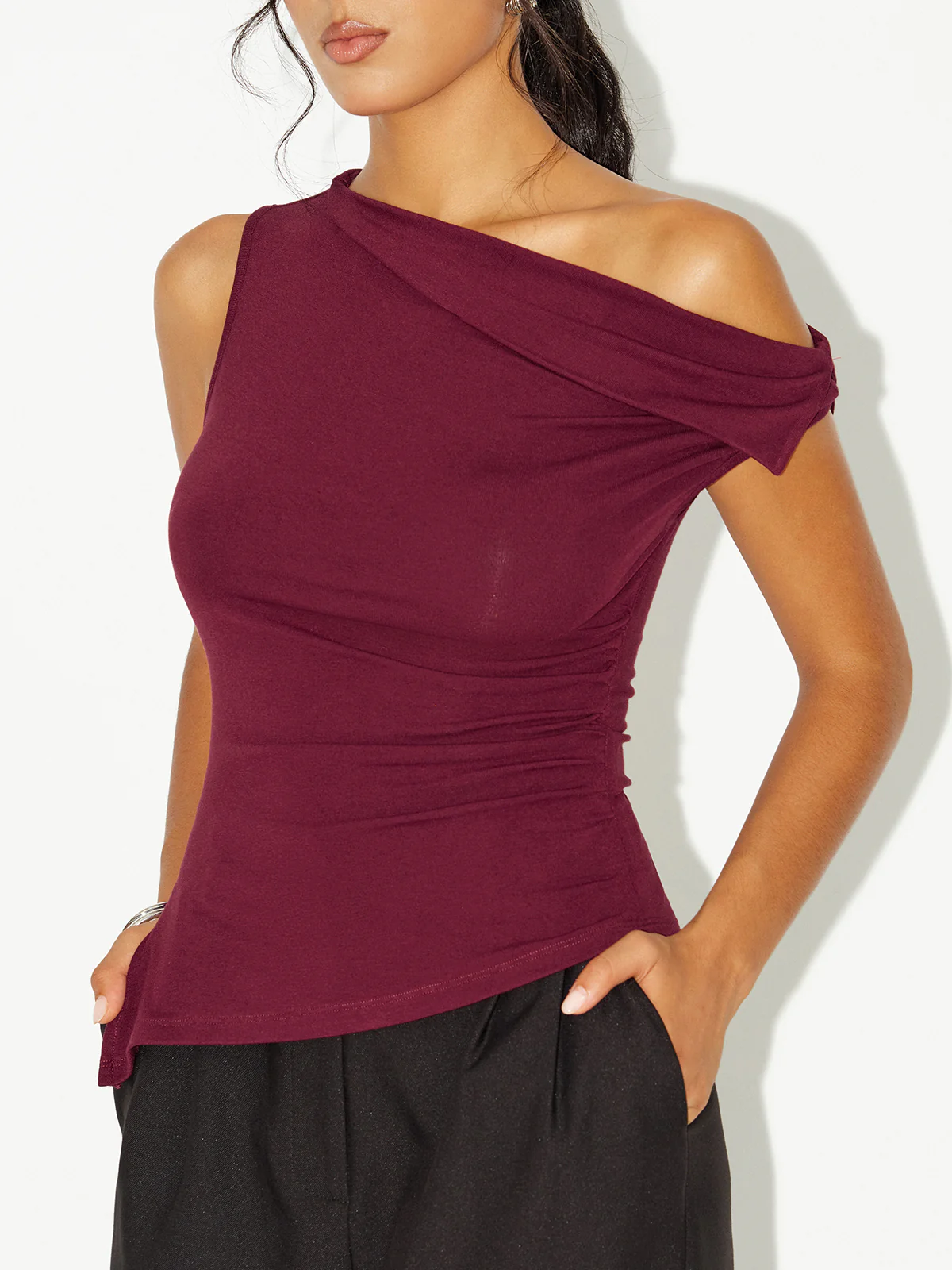 Asymmetric Off-Shoulder Ruched T-Shirt - Wholesalesil