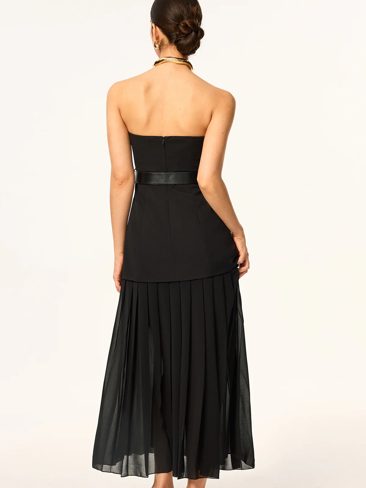 Semi-Sheer Strapless Belted Midi Dress with Chiffon Hem - Wholesalesil