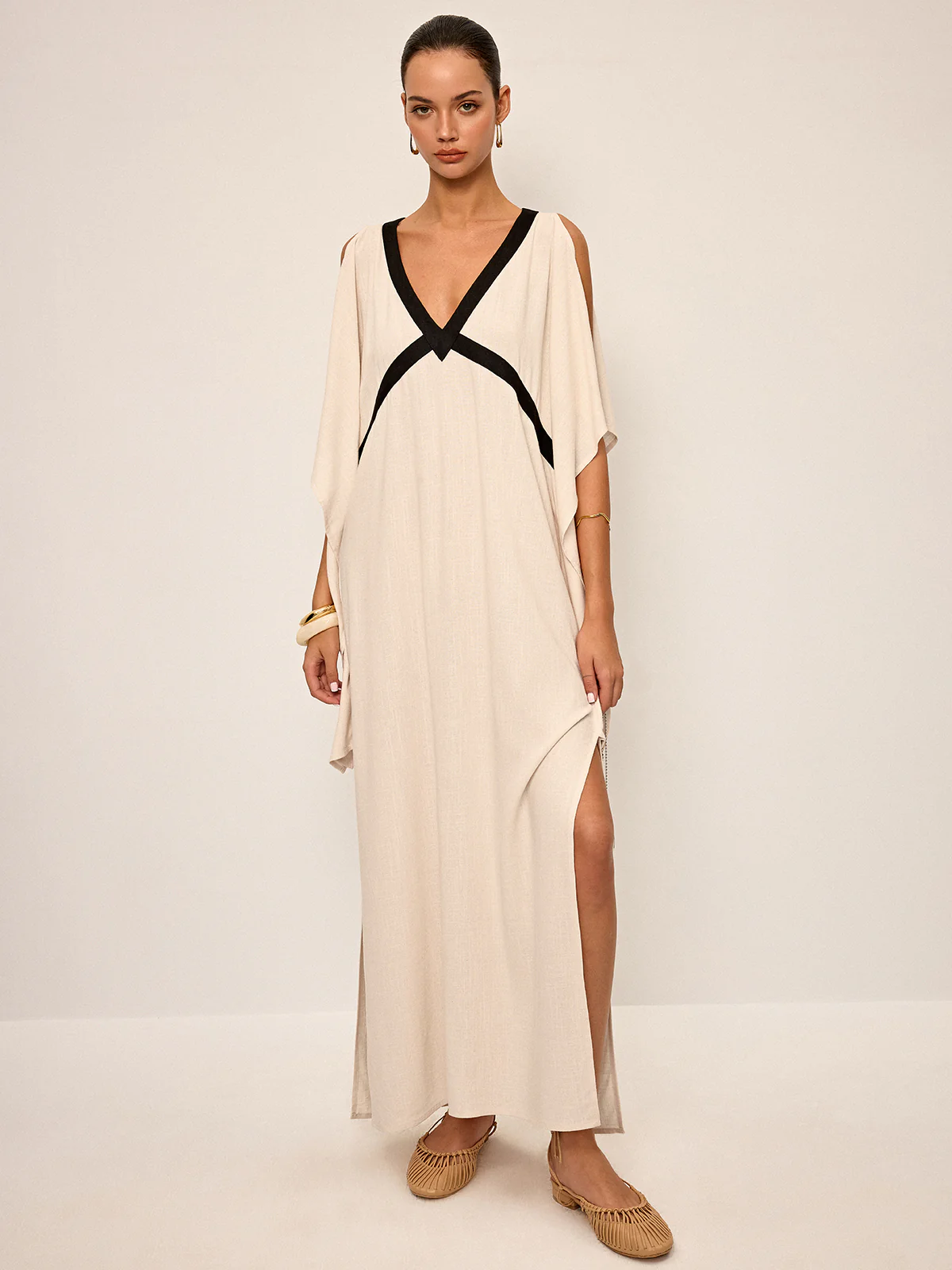 Contrast Trim Maxi Dress with Slit - Wholesalesil