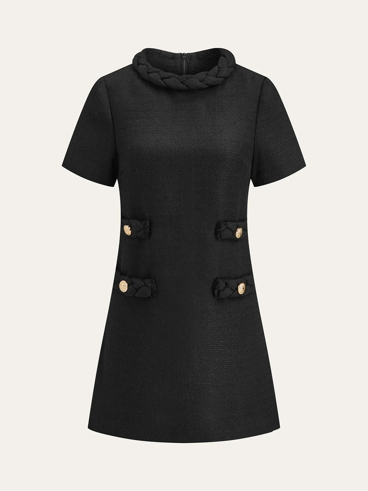 Tweed Braided Rope Collar Short Sleeve Dress - Wholesalesil