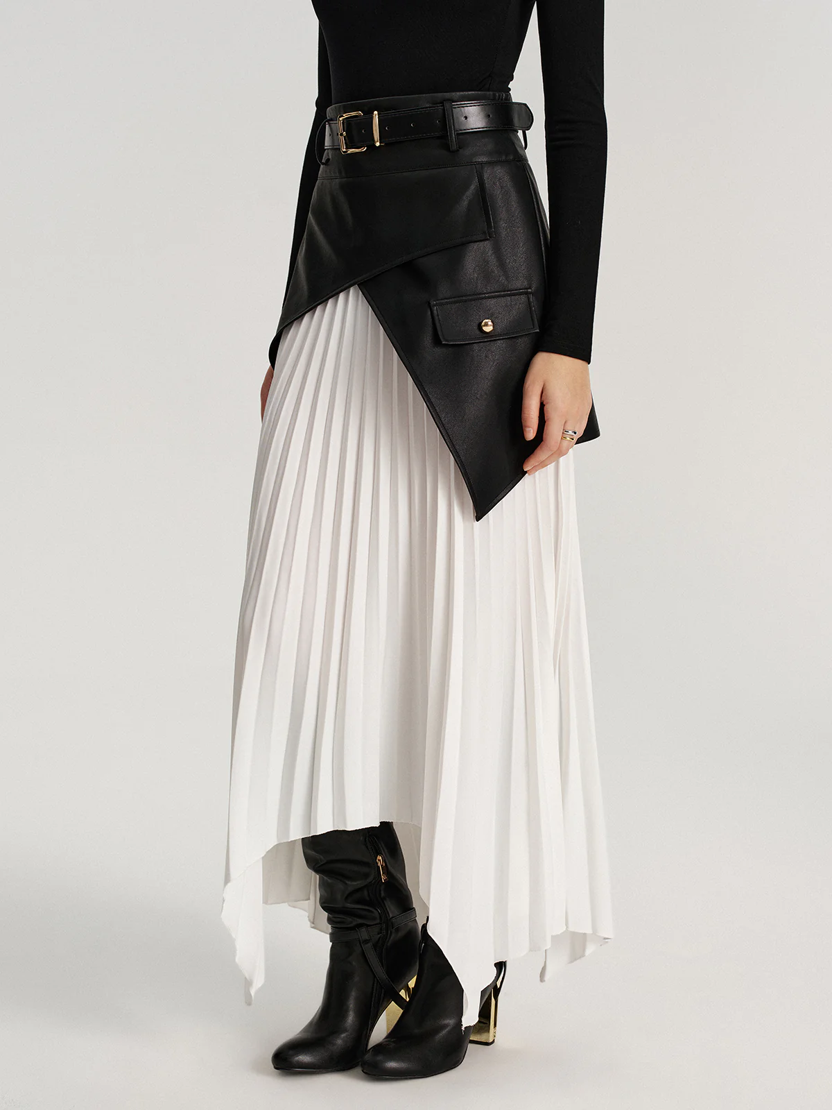 Belted Asymmetric Faux Leather Panel Pleated Maxi Skirt - Wholesalesil
