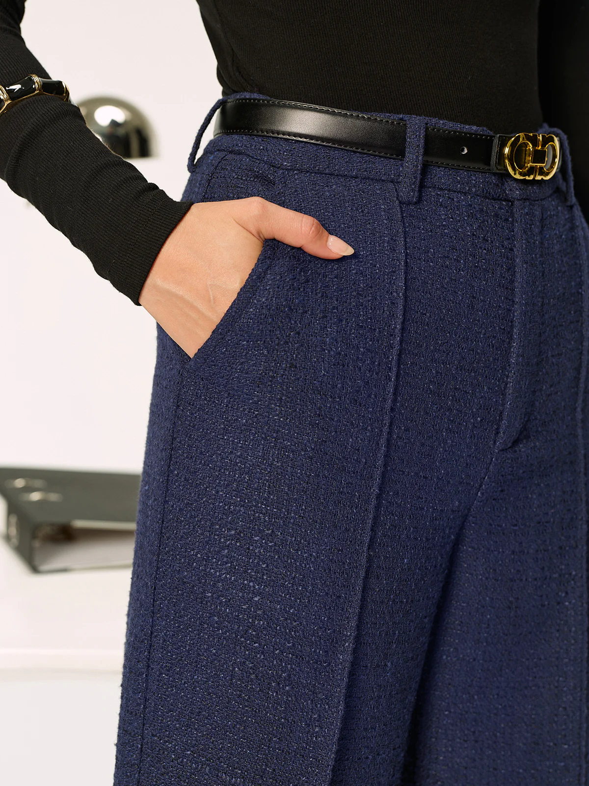 Mid-Waist Tweed Straight-Leg Pants - Wholesalesil