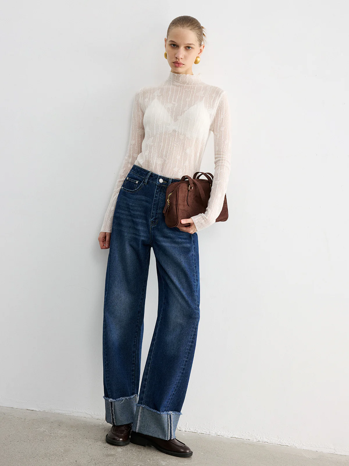 Frayed Cuffed Denim Wide-Leg Jeans - Wholesalesil