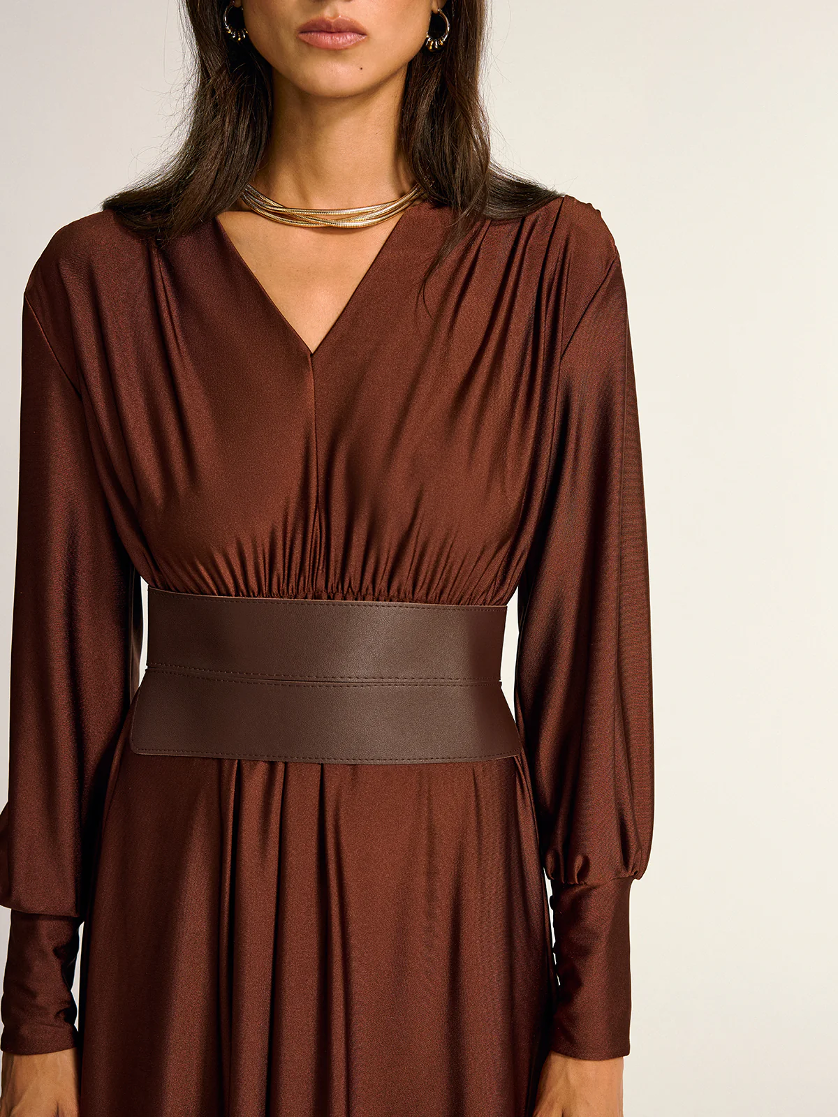 Wide Belted Long Sleeve V-Neck Maxi Dress - Wholesalesil