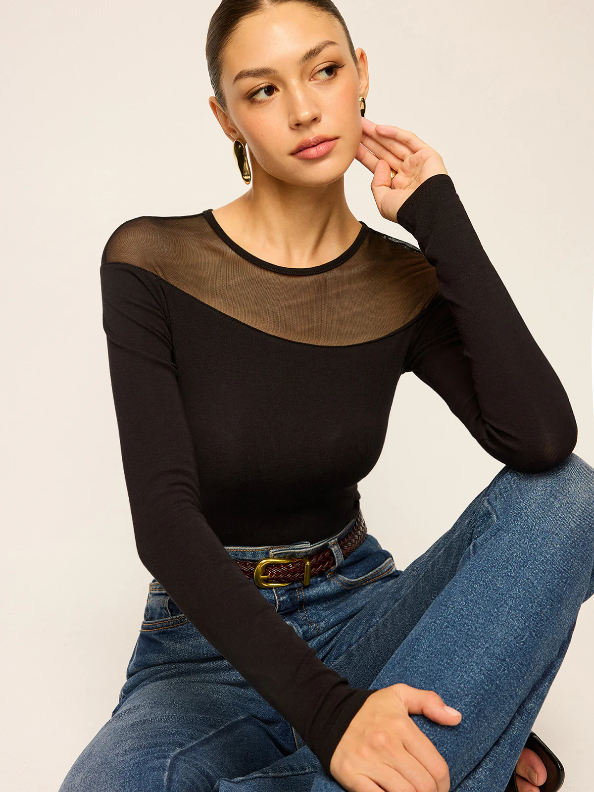Sheer-Paneled Long-Sleeve Top - Wholesalesil