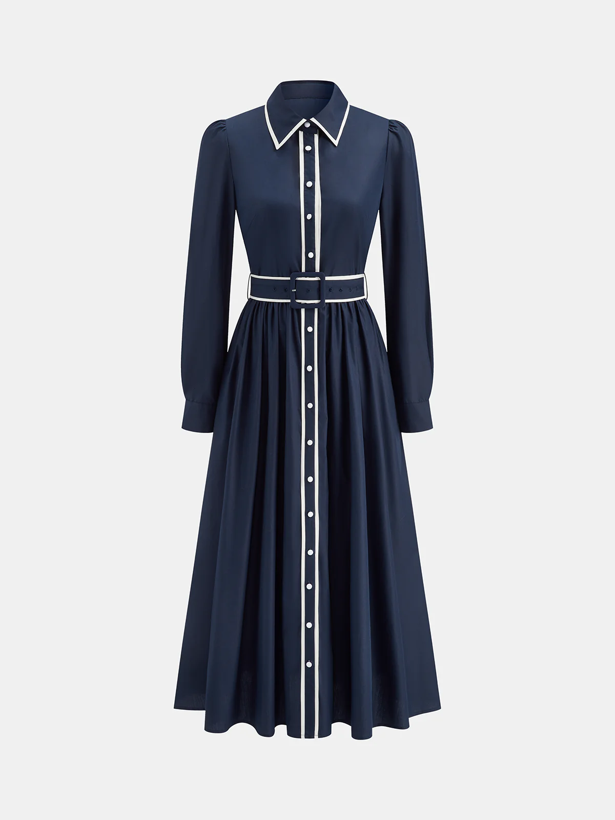 Contrast Trim Belted Pleated Shirt Dress - Wholesalesil