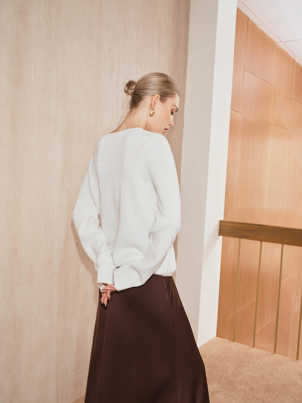 Cross-Over Collar Cut-Out Knit Sweater - Wholesalesil