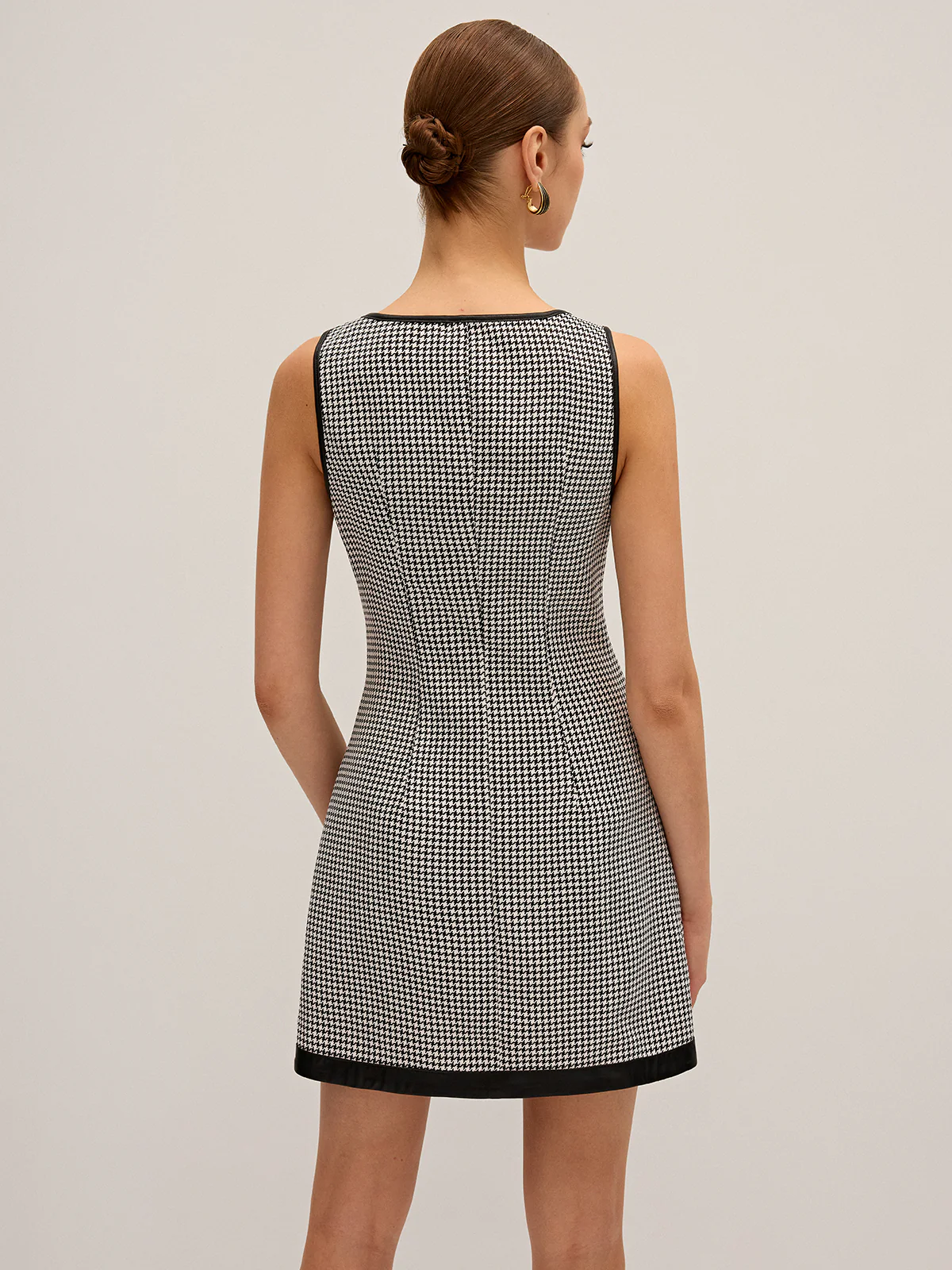 Houndstooth PU Leather Trim Mini Dress - Wholesalesil