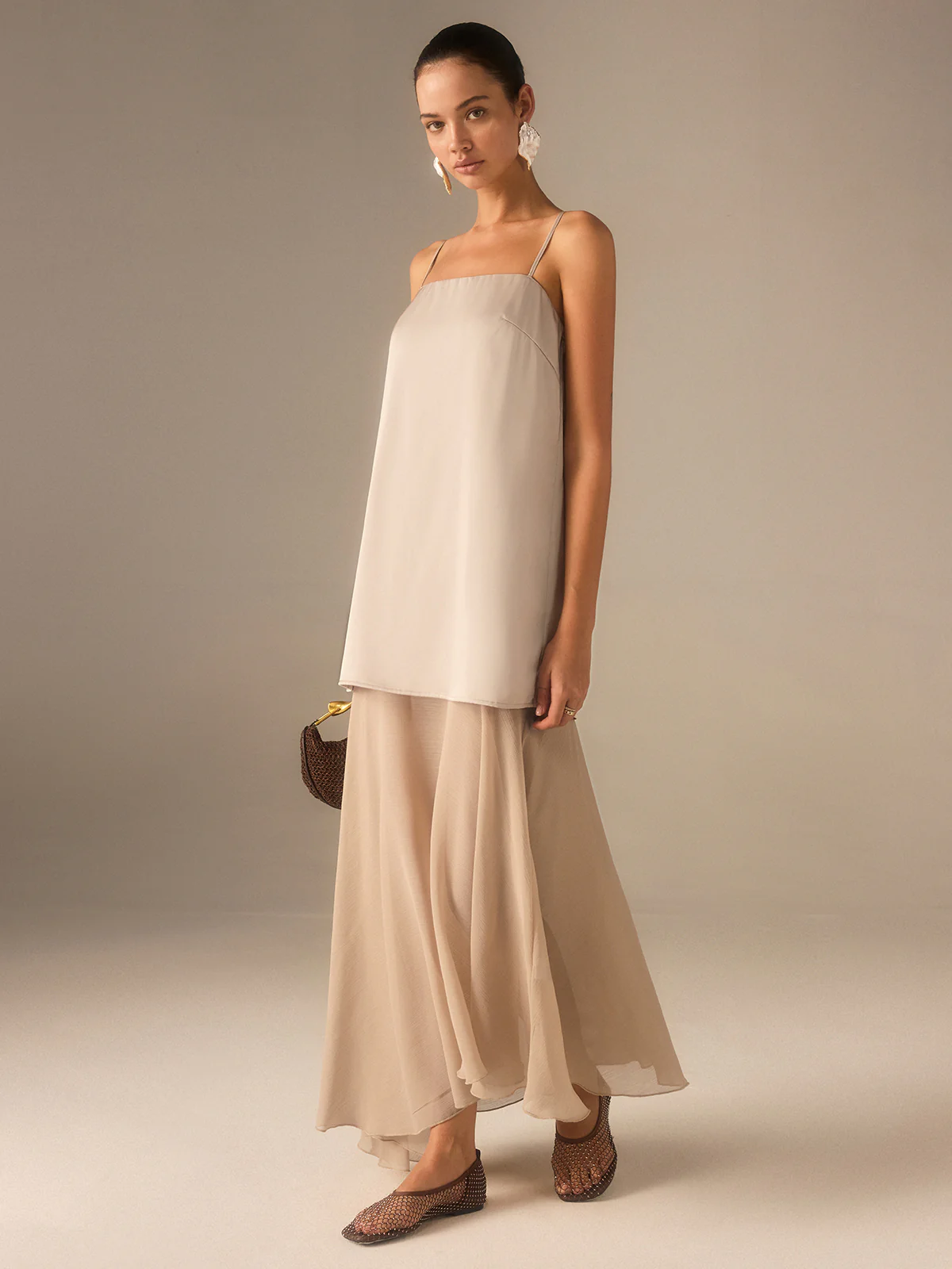 2 in 1 Semi-Sheer Chiffon Cami Maxi Dress - Wholesalesil