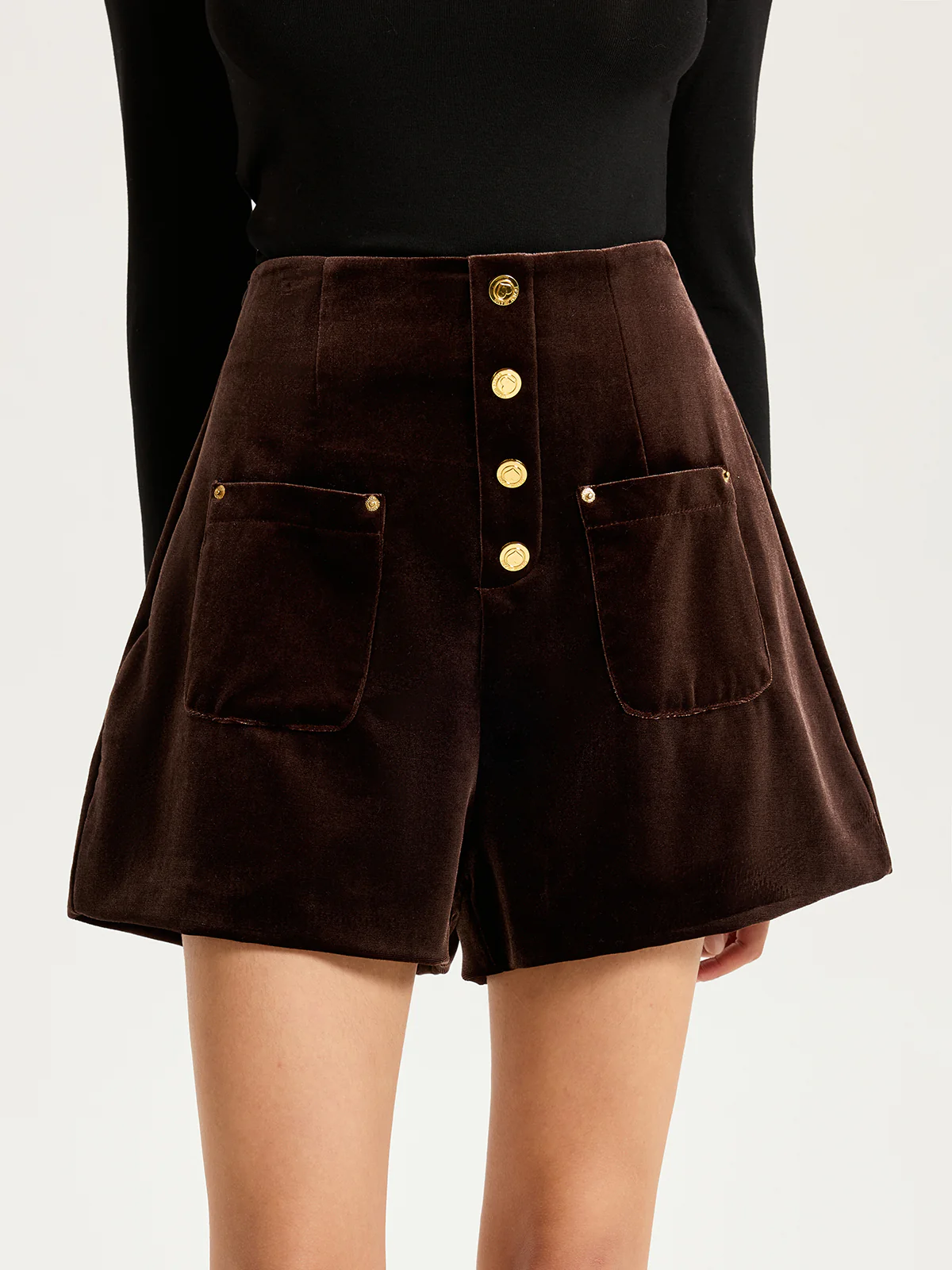 Velvet Mid-Waist Button-Front Shorts - Wholesalesil