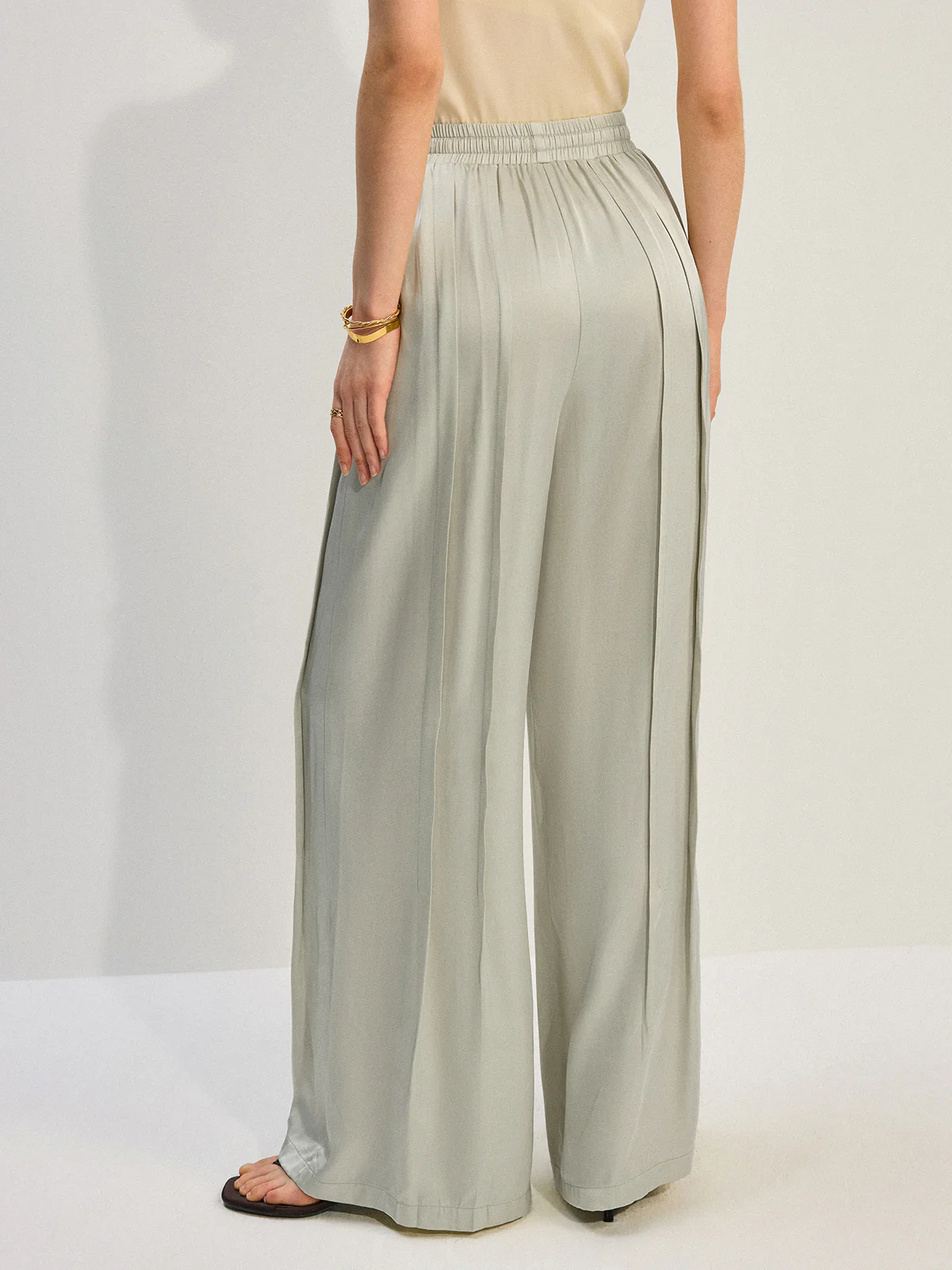 Tencel Rayon Satin Wide-Leg Pants with Pleats - Wholesalesil