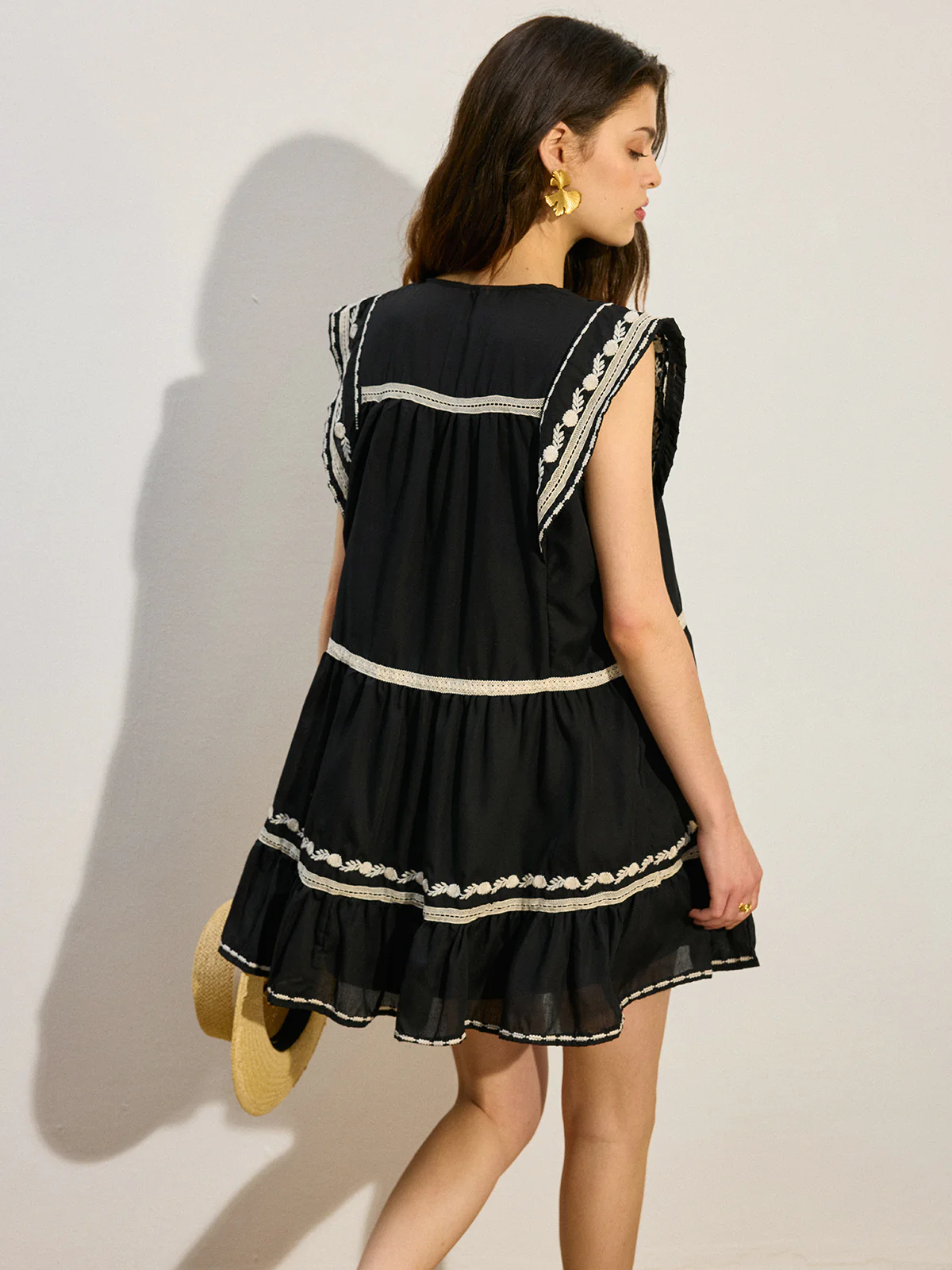 Embroidered Mini Dress with Ruffle Hem - Wholesalesil