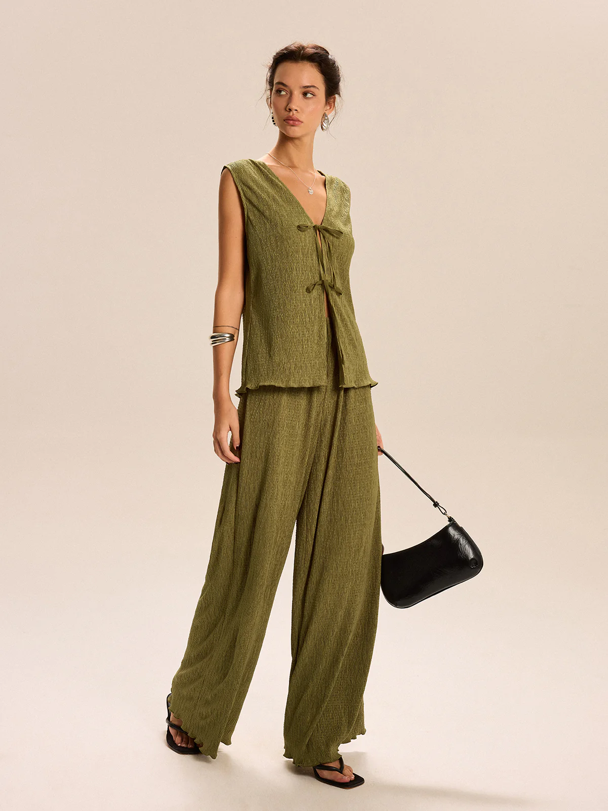 Sleeveless Tie-Front Top and Wide-Leg Pants Set - Wholesalesil