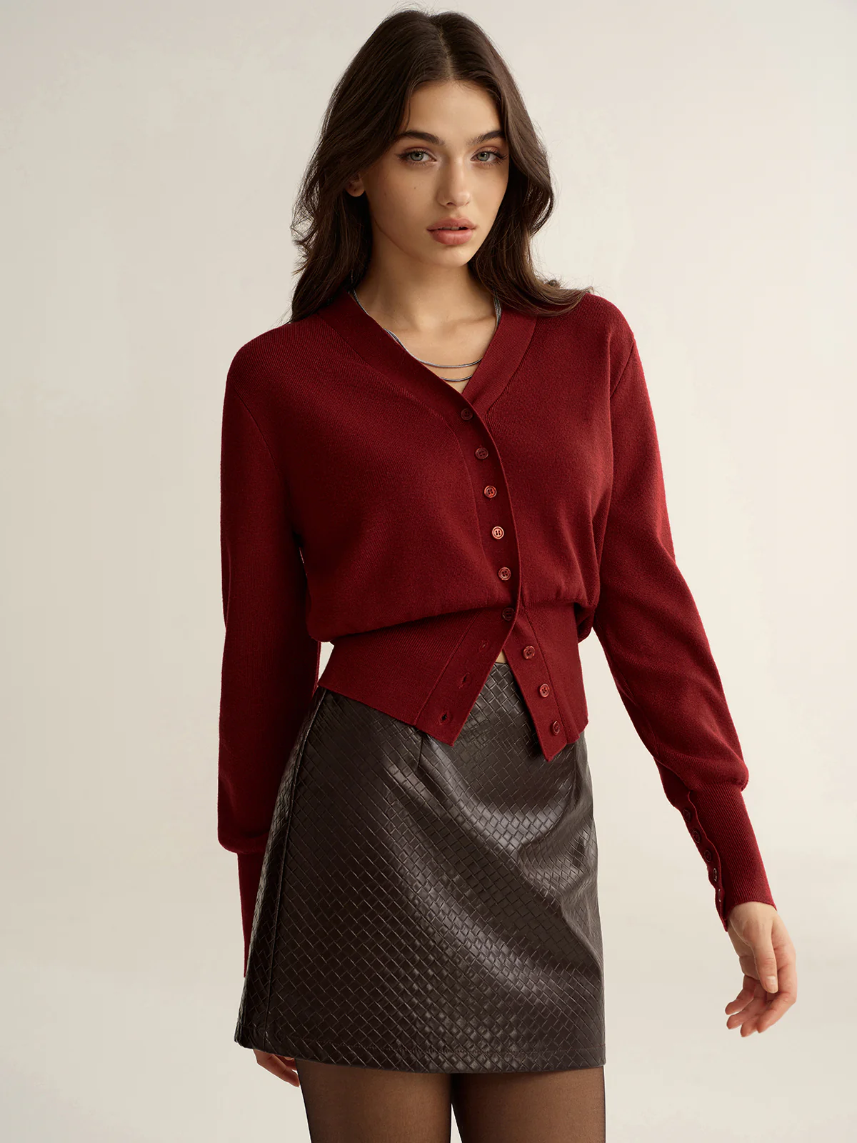 Button-Front V-Neck Cropped Cardigan - Wholesalesil