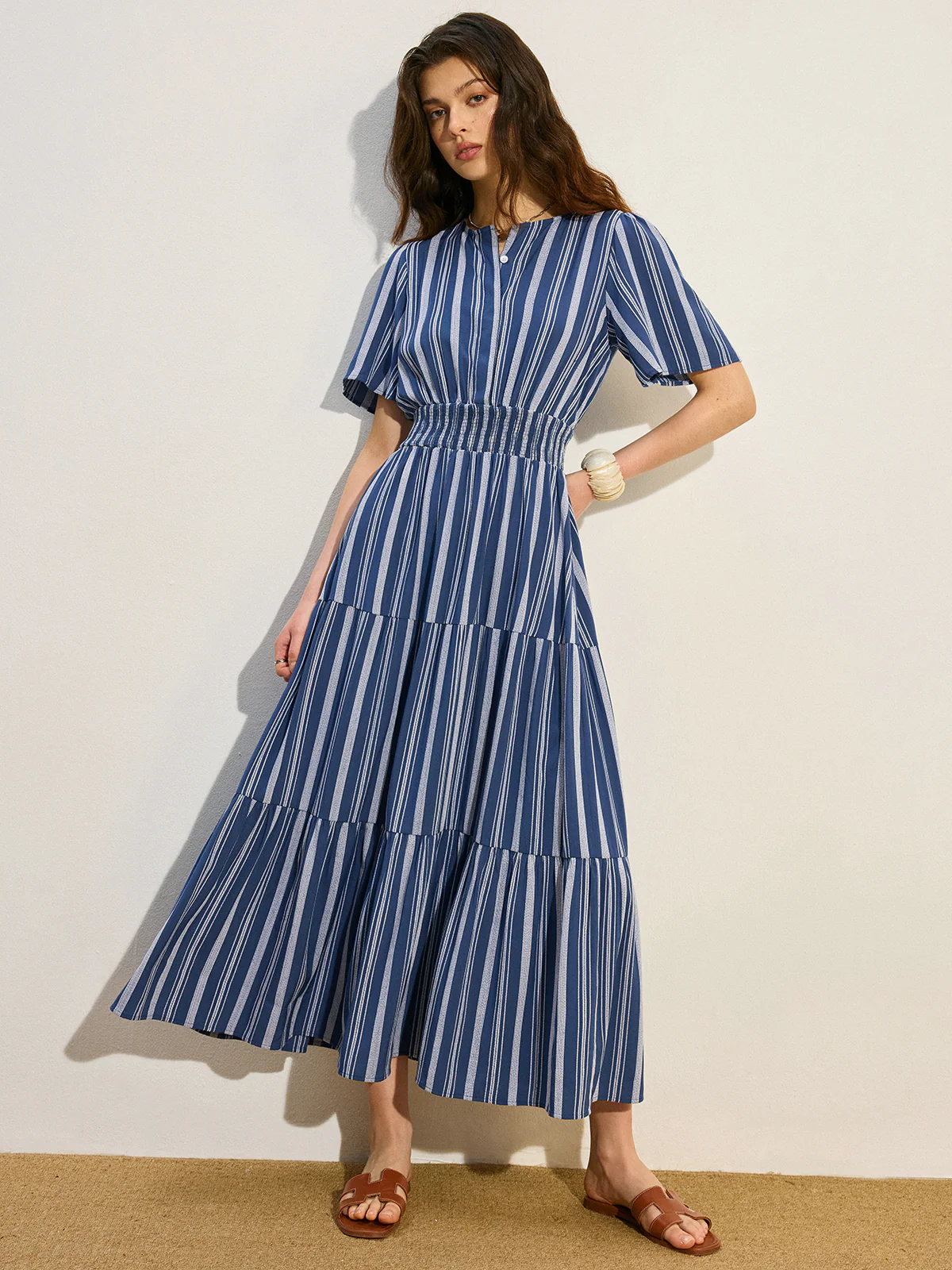 Striped Smocked Waist Tiered Maxi Dress - Wholesalesil