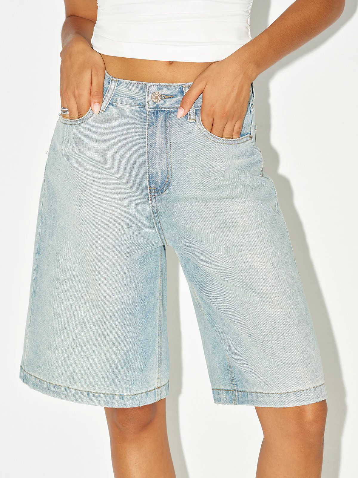 Mid-Waist Denim Bermuda Shorts - Wholesalesil