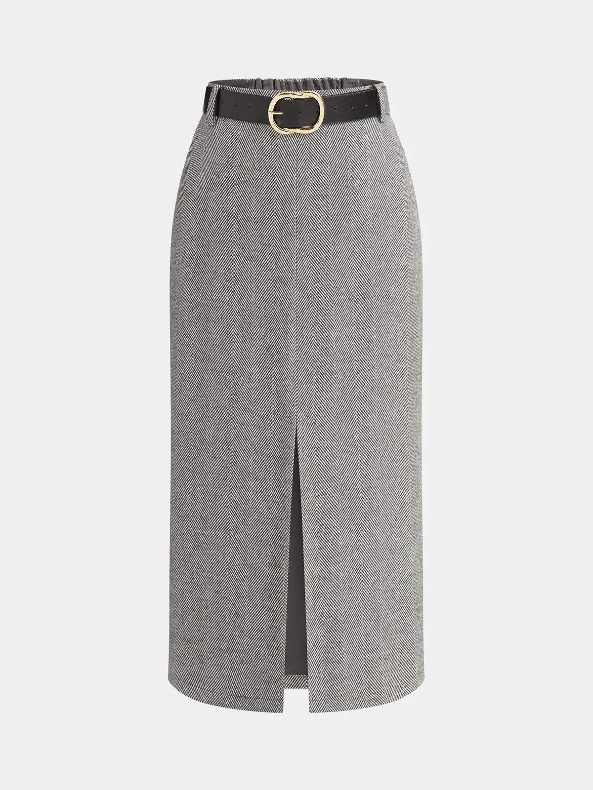 Belted Herringbone Slit Midi Skirt - Wholesalesil