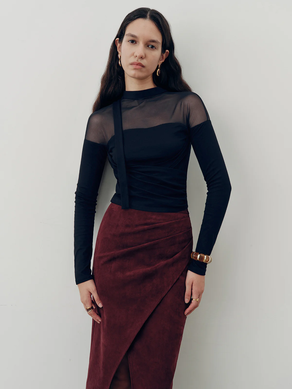 Sheer Mesh Panel Long Sleeve Top - Wholesalesil