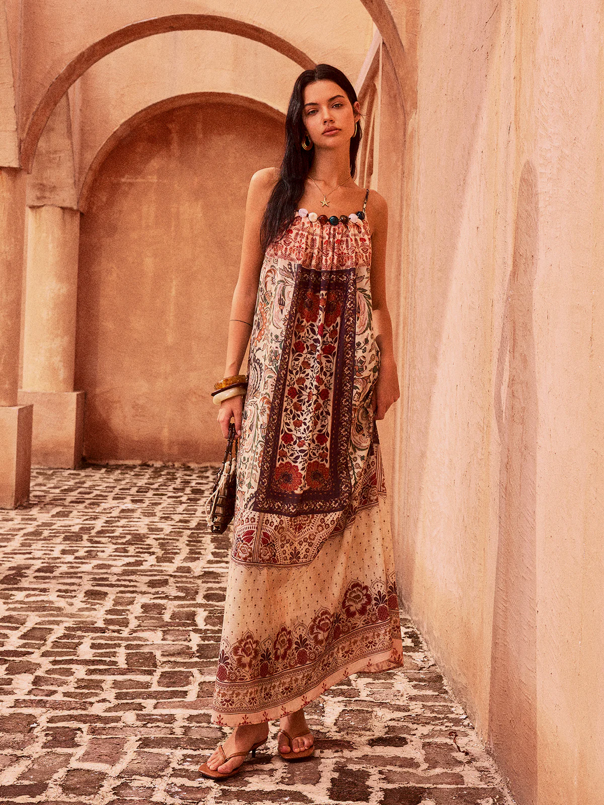 Paisley Printed Beaded Maxi Dress - Wholesalesil