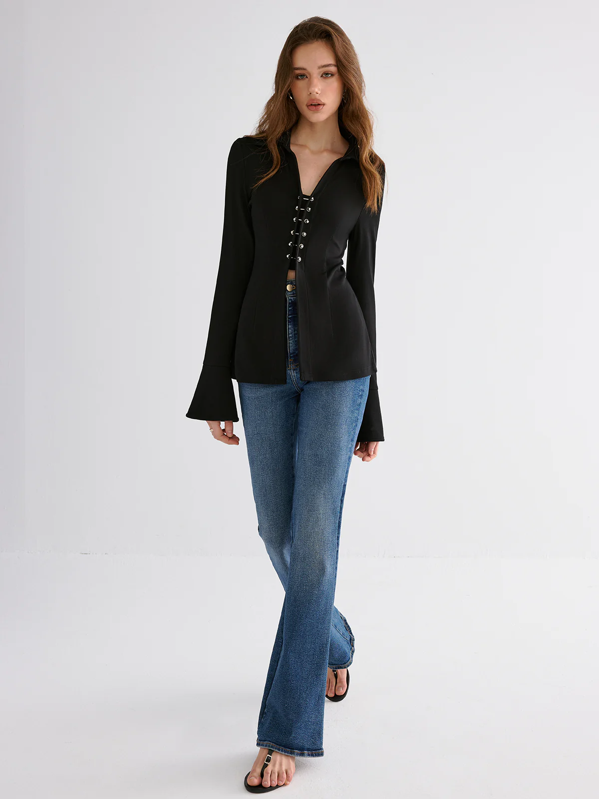 Flared Cuff Collared Blouse - Wholesalesil