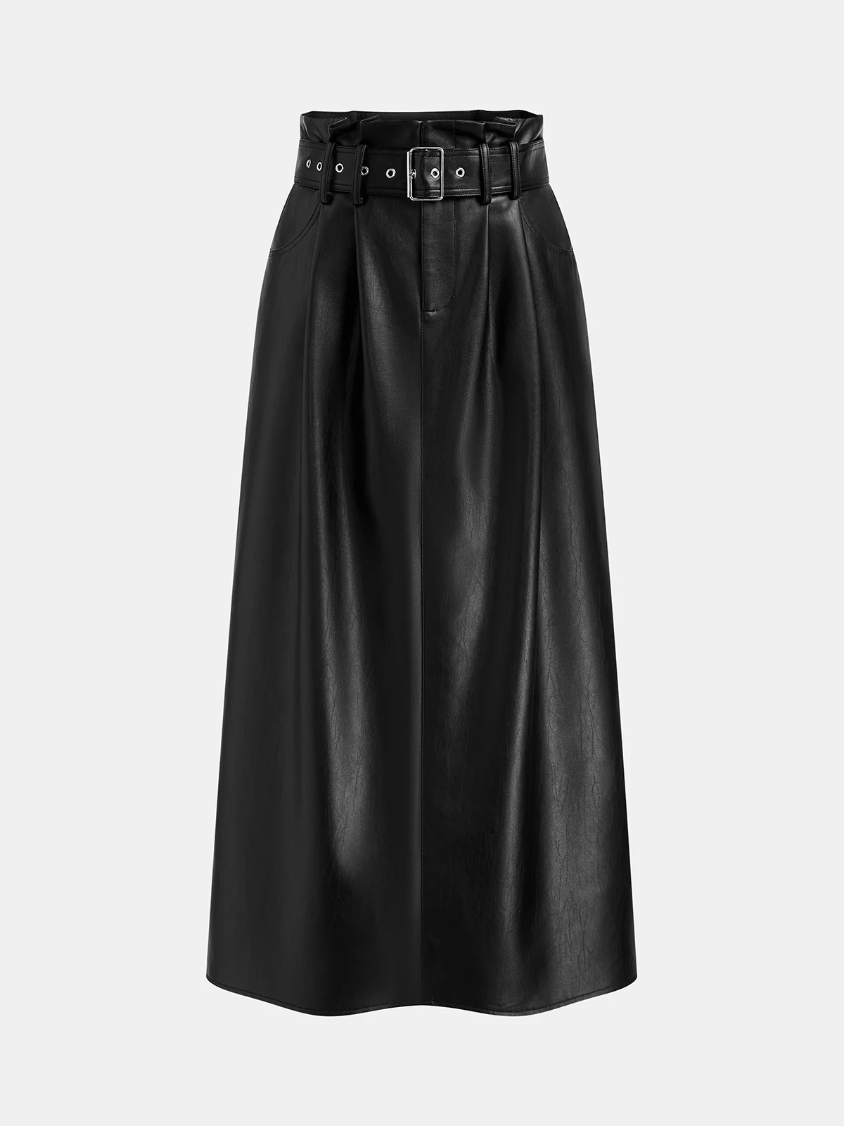 Belted Faux Leather Pleated Waist Maxi Skirt - Wholesalesil
