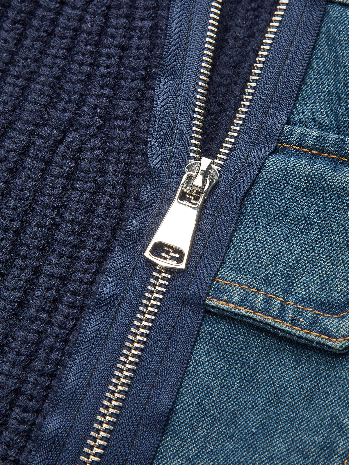 Asymmetric Zip Denim Panel Knit Cardigan - Wholesalesil