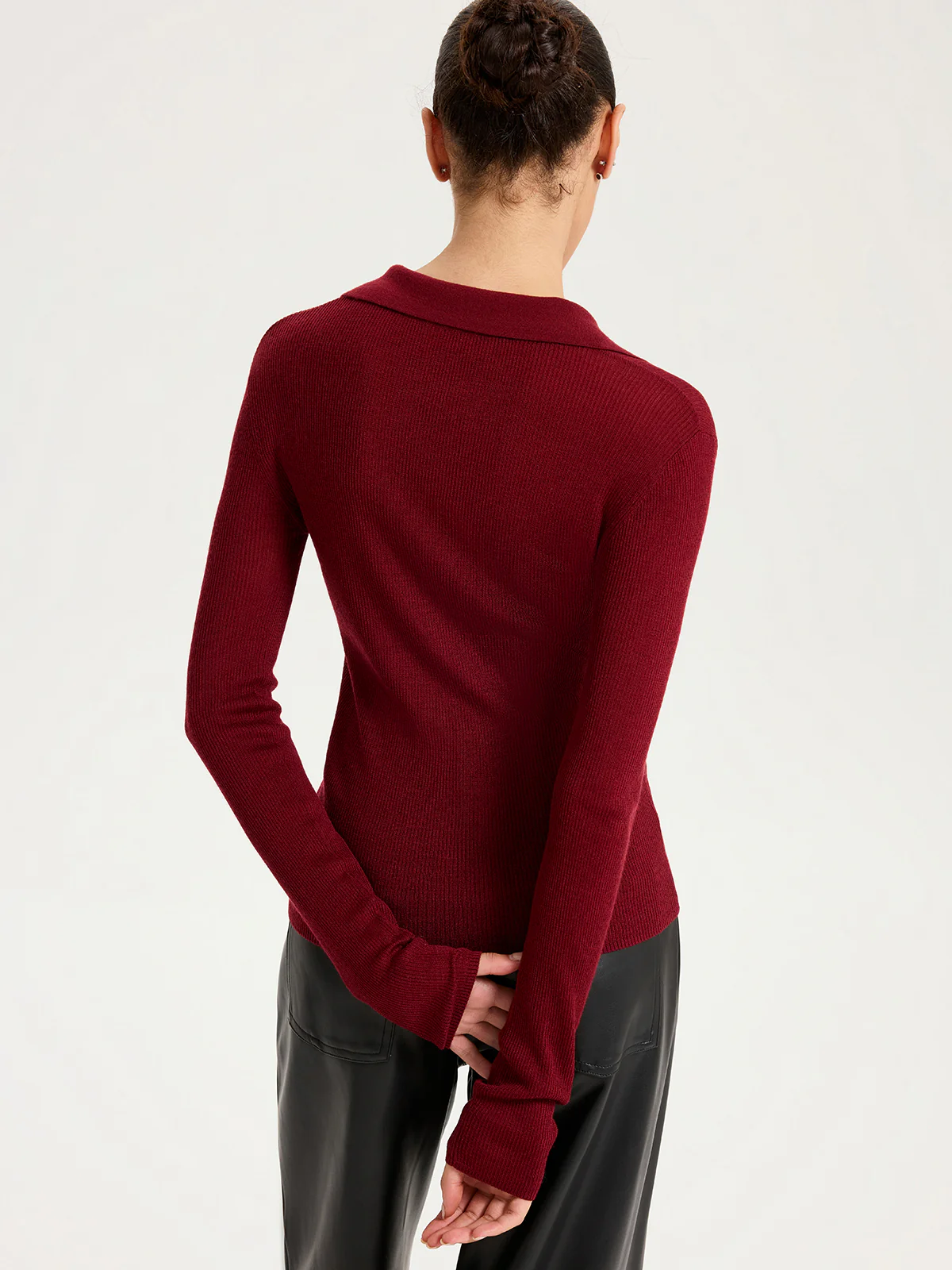 Wool-Blend Buttoned Long Sleeve Polo Knit Top - Wholesalesil