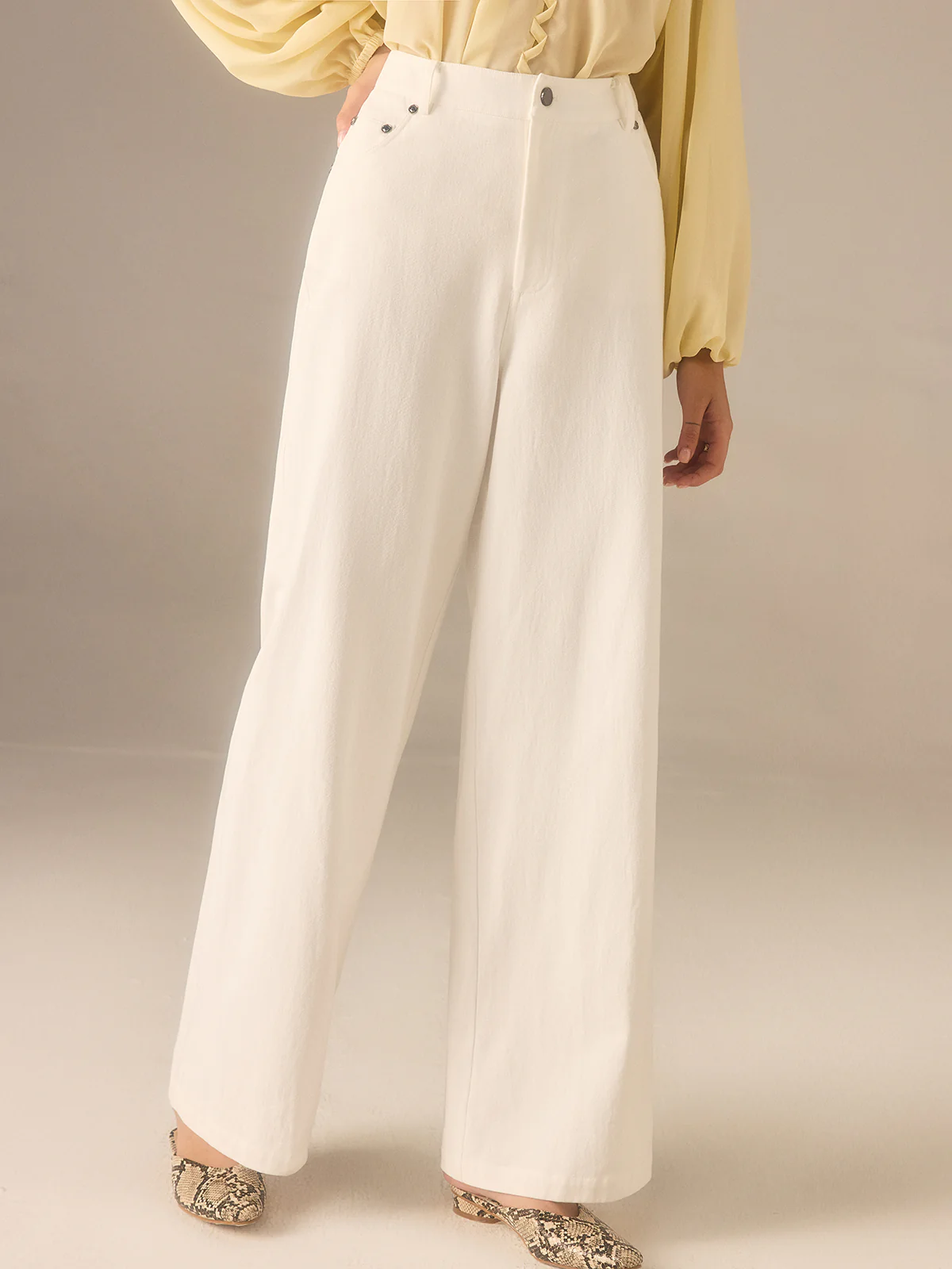 Cotton Twill Wide-Leg Pants with Metal Rivet Button - Wholesalesil