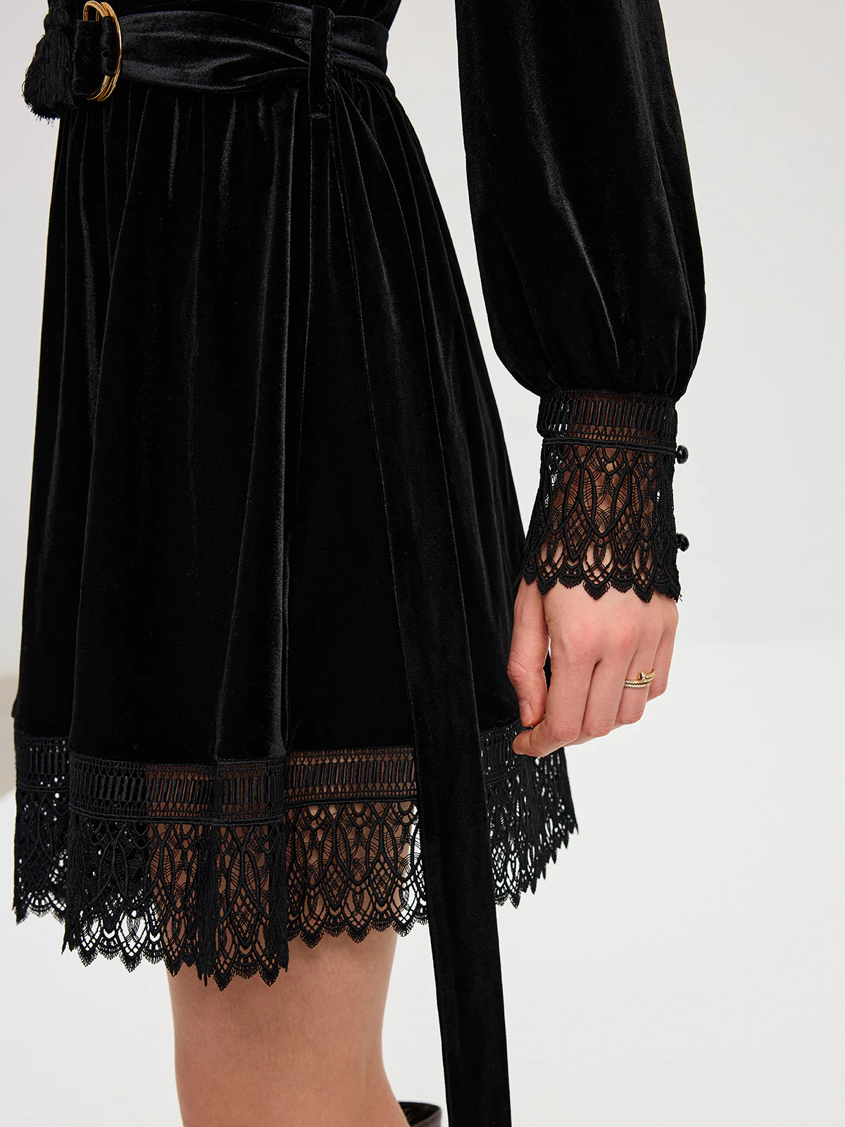 Velvet Belted Lace Trim Mini Dress - Wholesalesil