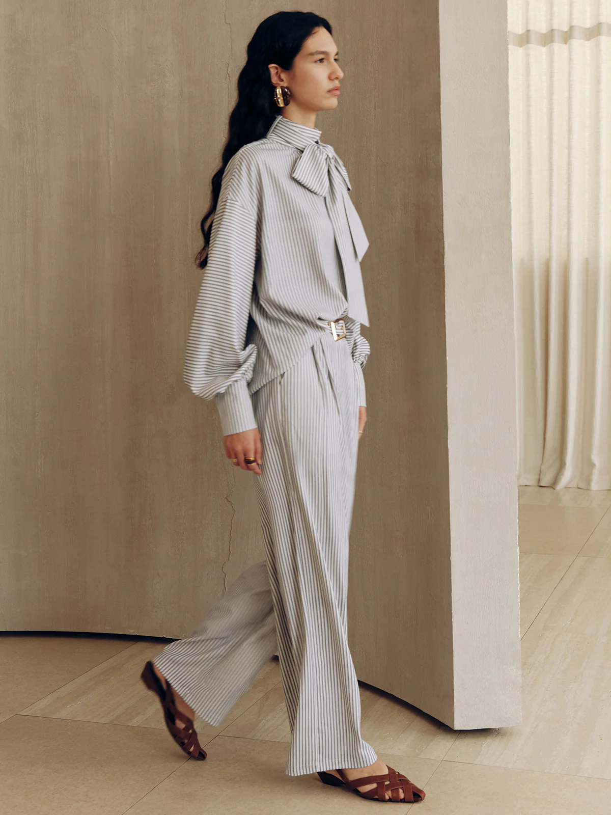 Belted Striped High-Waisted Wide-Leg Pants - Wholesalesil