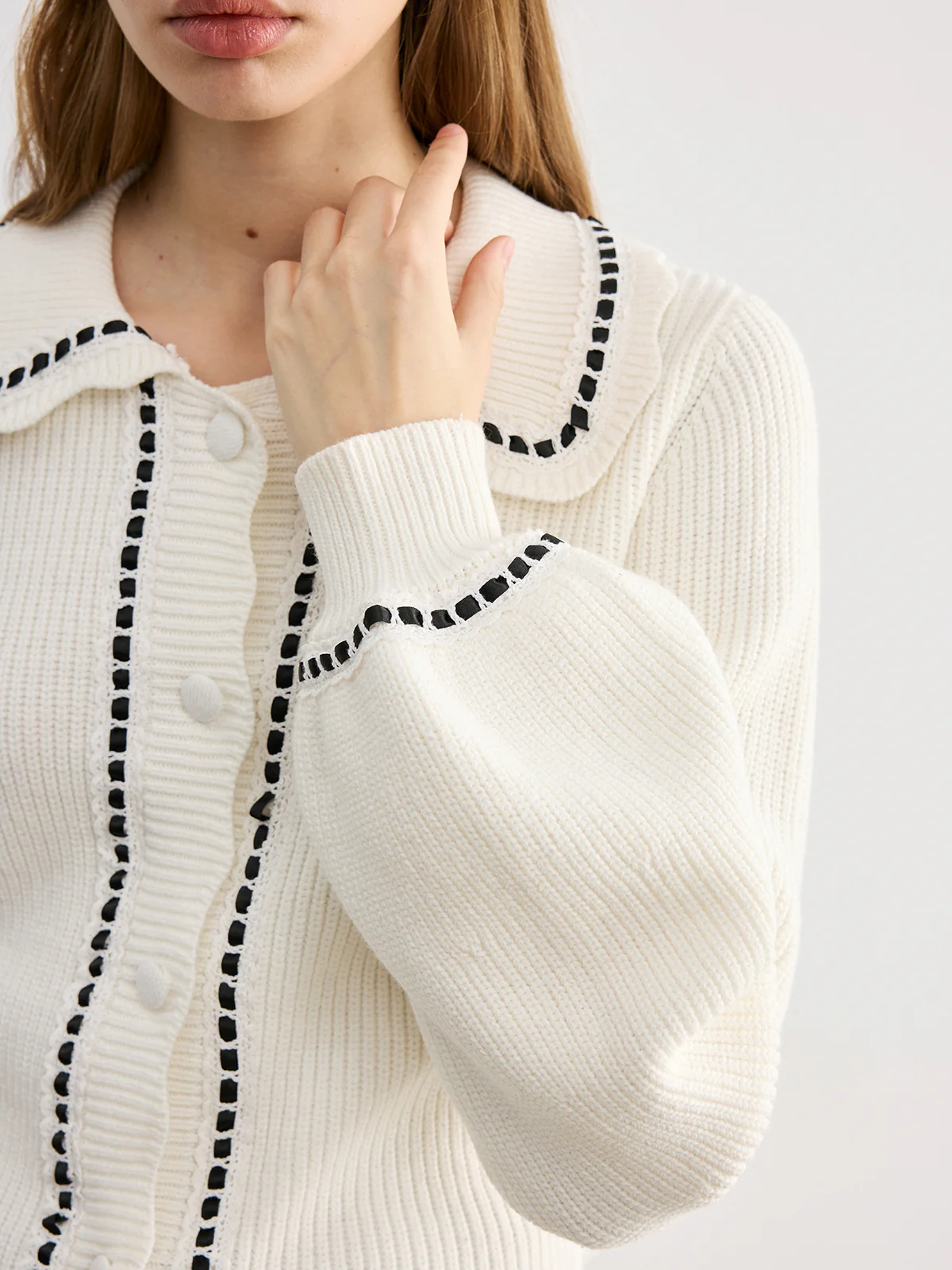 Back Bow Contrast Trim Collared Cardigan - Wholesalesil