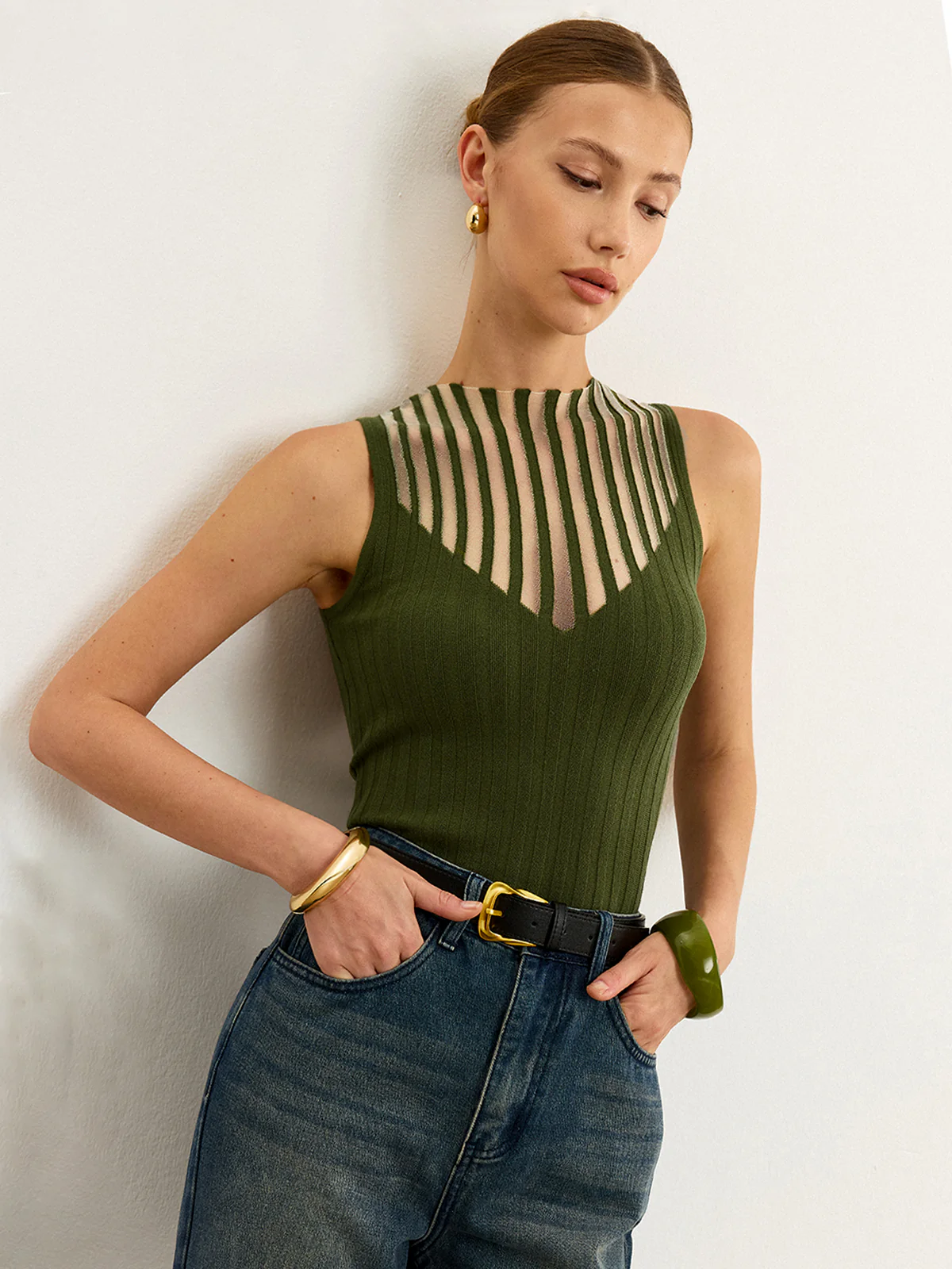 Sleeveless Top with Striped Sheer Detail - Wholesalesil