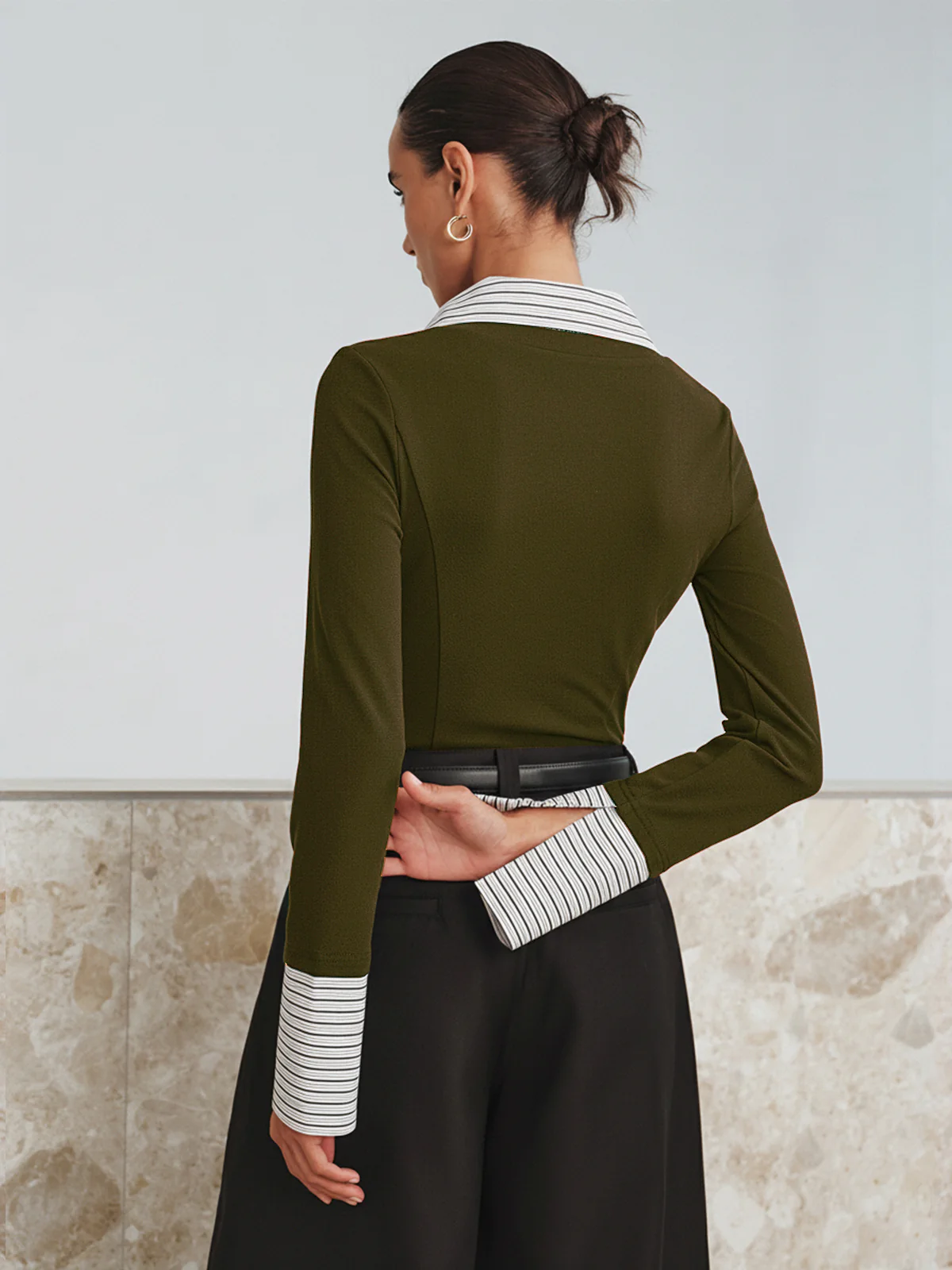 Mock Two-Piece Long-Sleeve Two Tone Polo Top - Wholesalesil