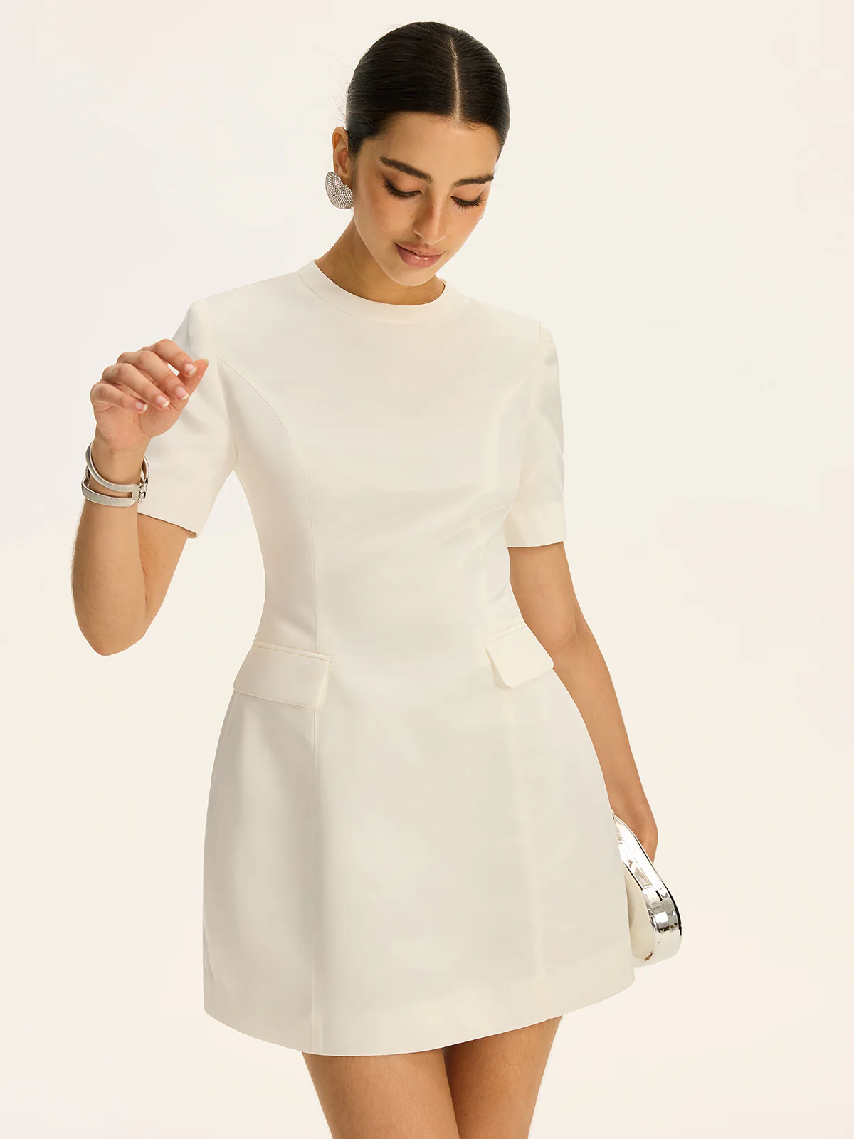 Short-Sleeved  Waist-Cinching Mini Dress with Decor Pockets - Wholesalesil