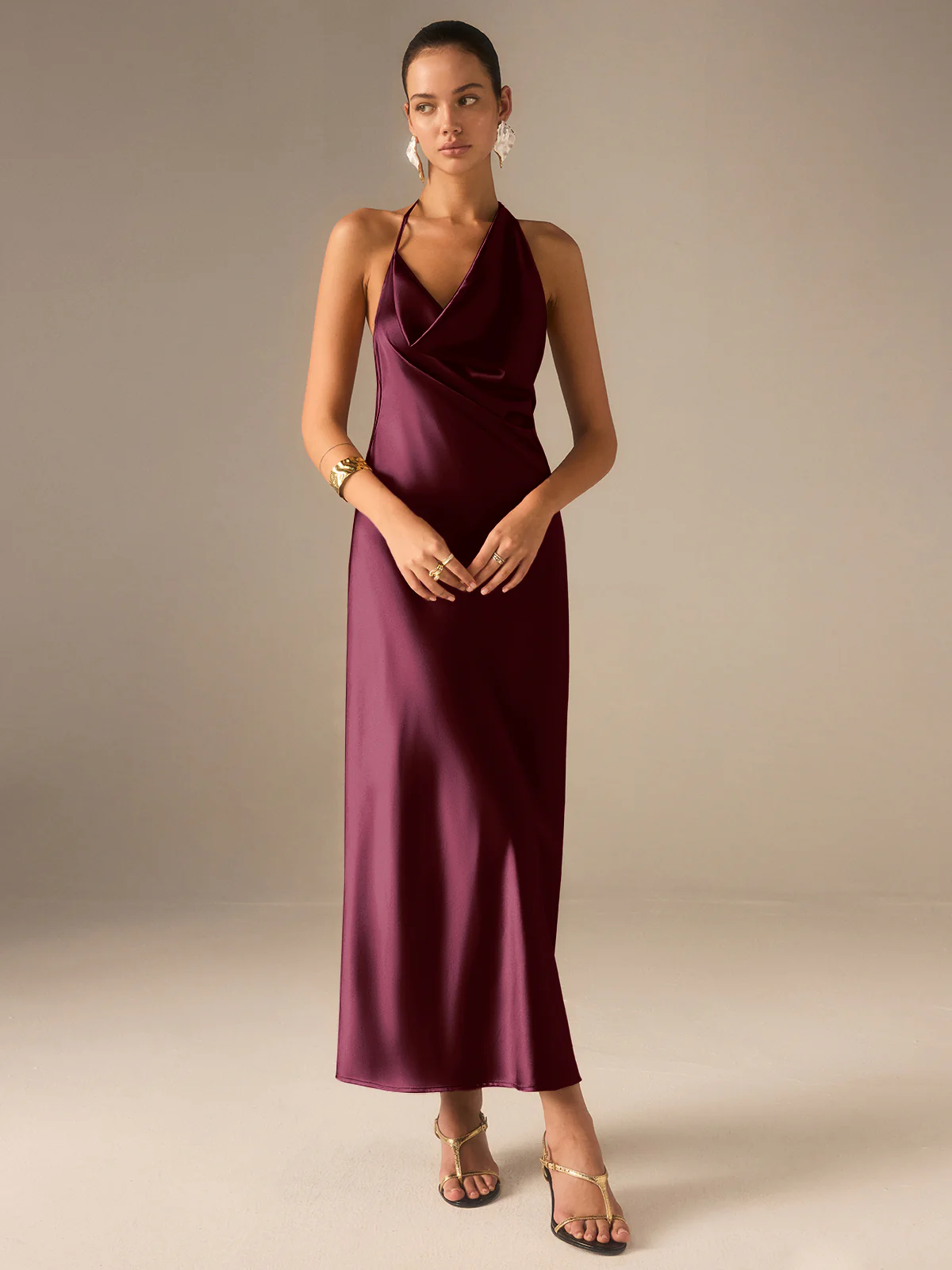 Satin Halter-Neck Backless Maxi Dress - Wholesalesil