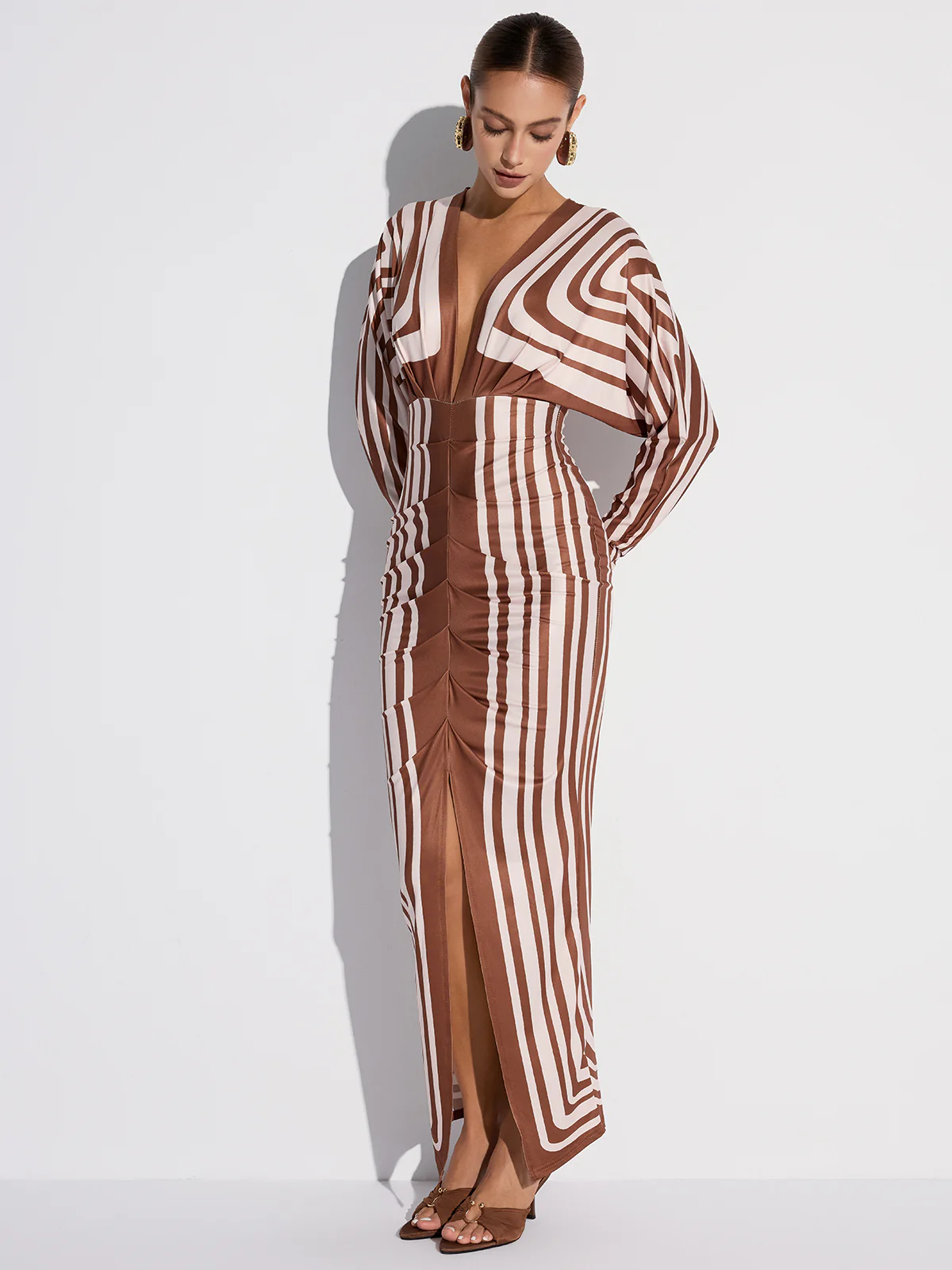 Striped Plunge Neck Slit Midi Dress without Belt - Wholesalesil