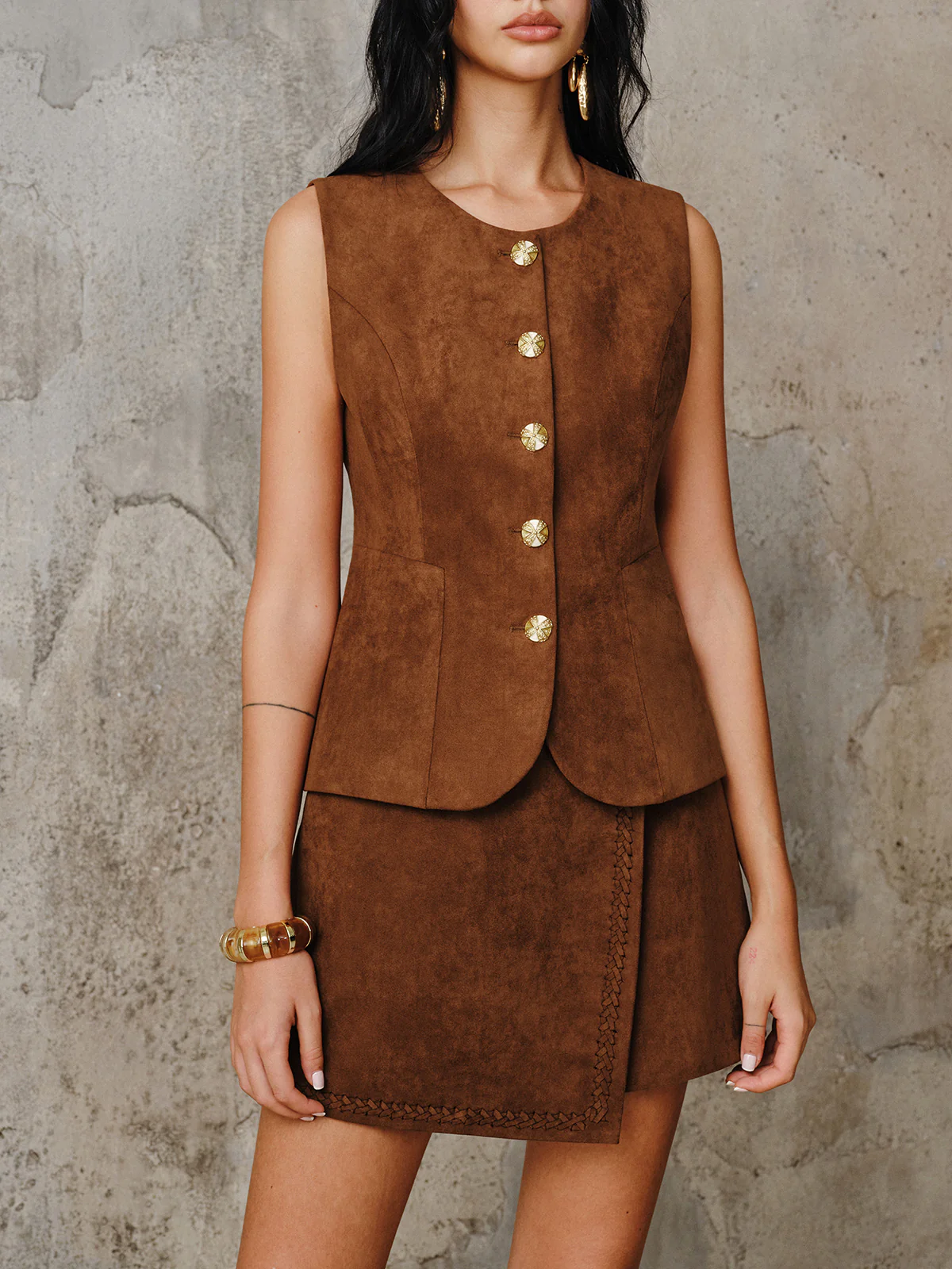 Suede Effect Metal Button Vest - Wholesalesil