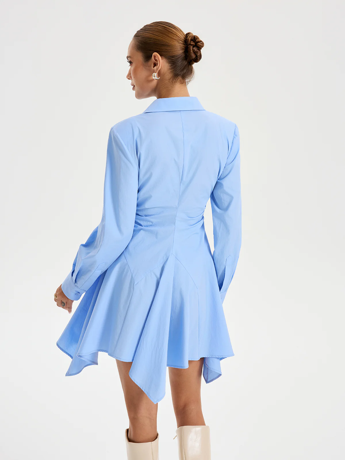 Asymmetric Hem Ruched Shirt Dress - Wholesalesil