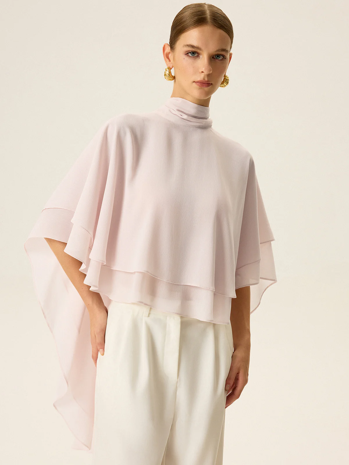 Semi-Sheer Chiffon High-Neck Tiered Cape Top - Wholesalesil