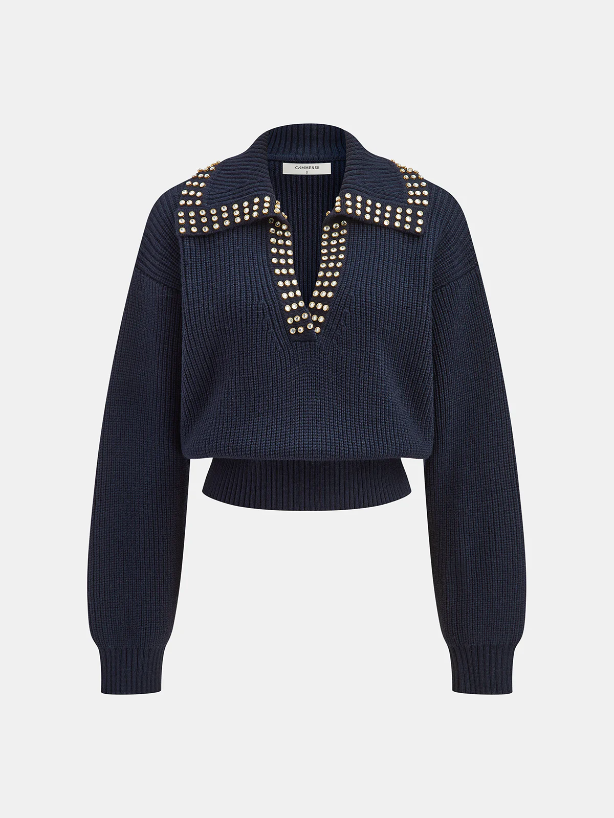 Studded Collar Wool Blend V-Neck Sweater - Wholesalesil