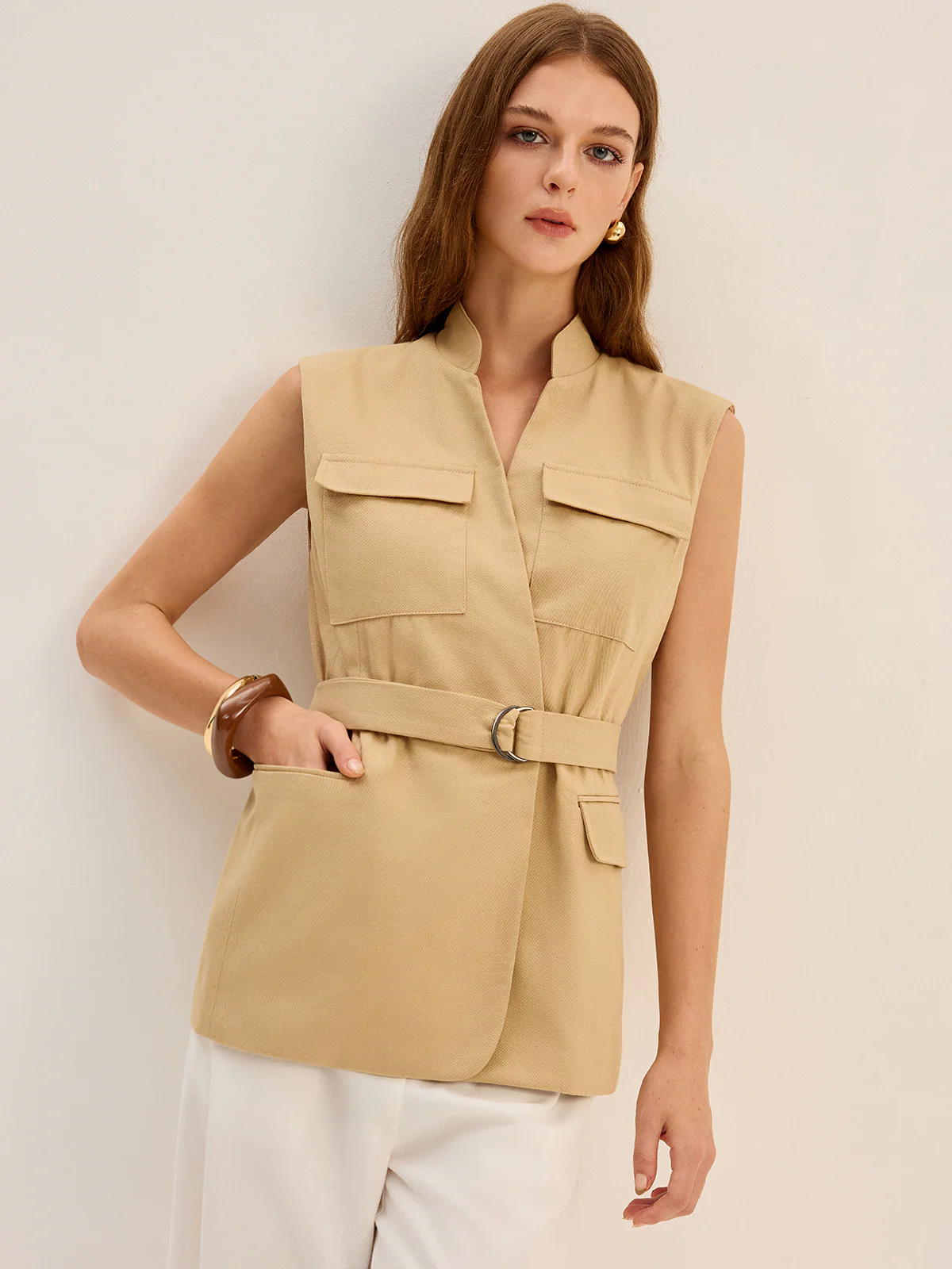 Belted Sleeveless Cargo Vest - Wholesalesil