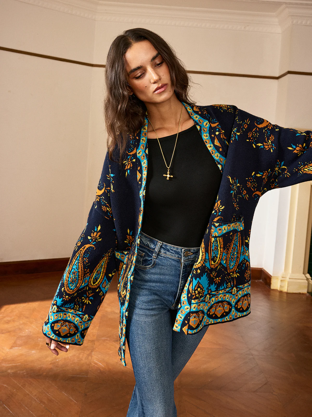 Paisley Print Belted Cardigan - Wholesalesil