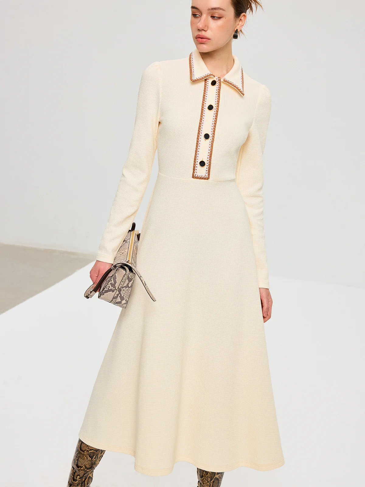 Contrast Trim Collared Midi Dress - Wholesalesil