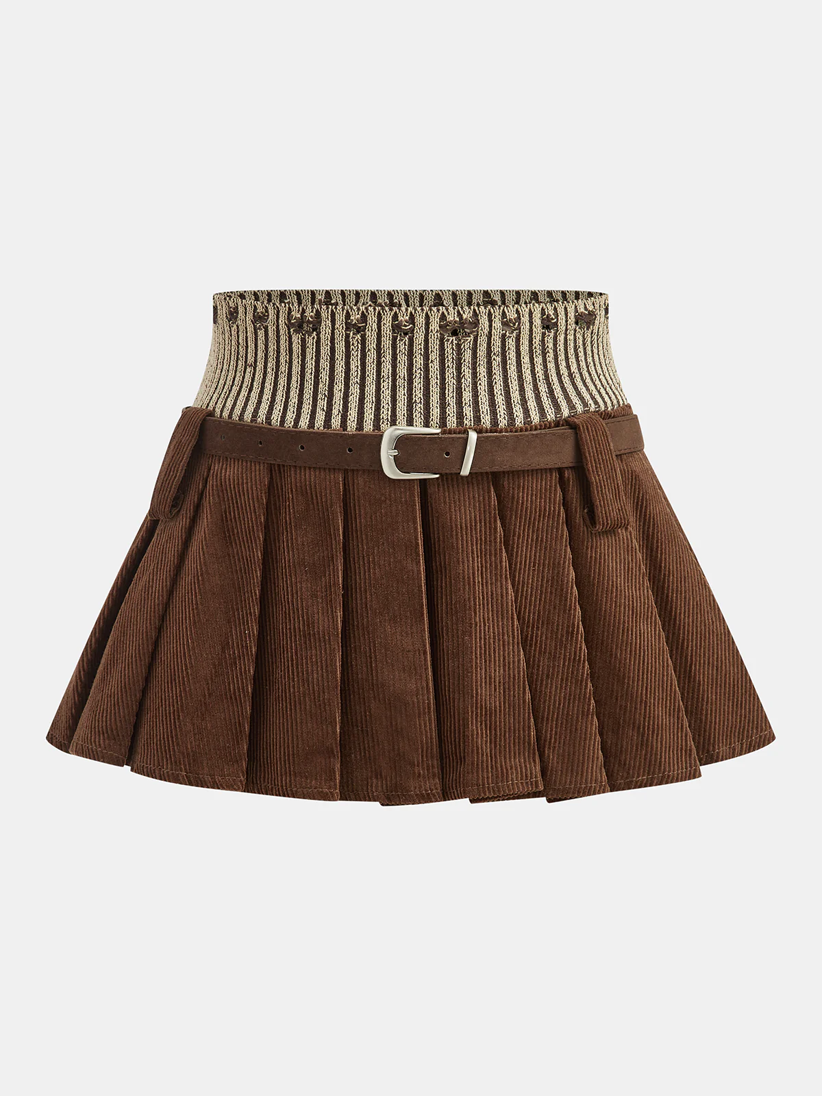 Belted Corduroy Pleated Mini Skirt with Knit Waistband - Wholesalesil