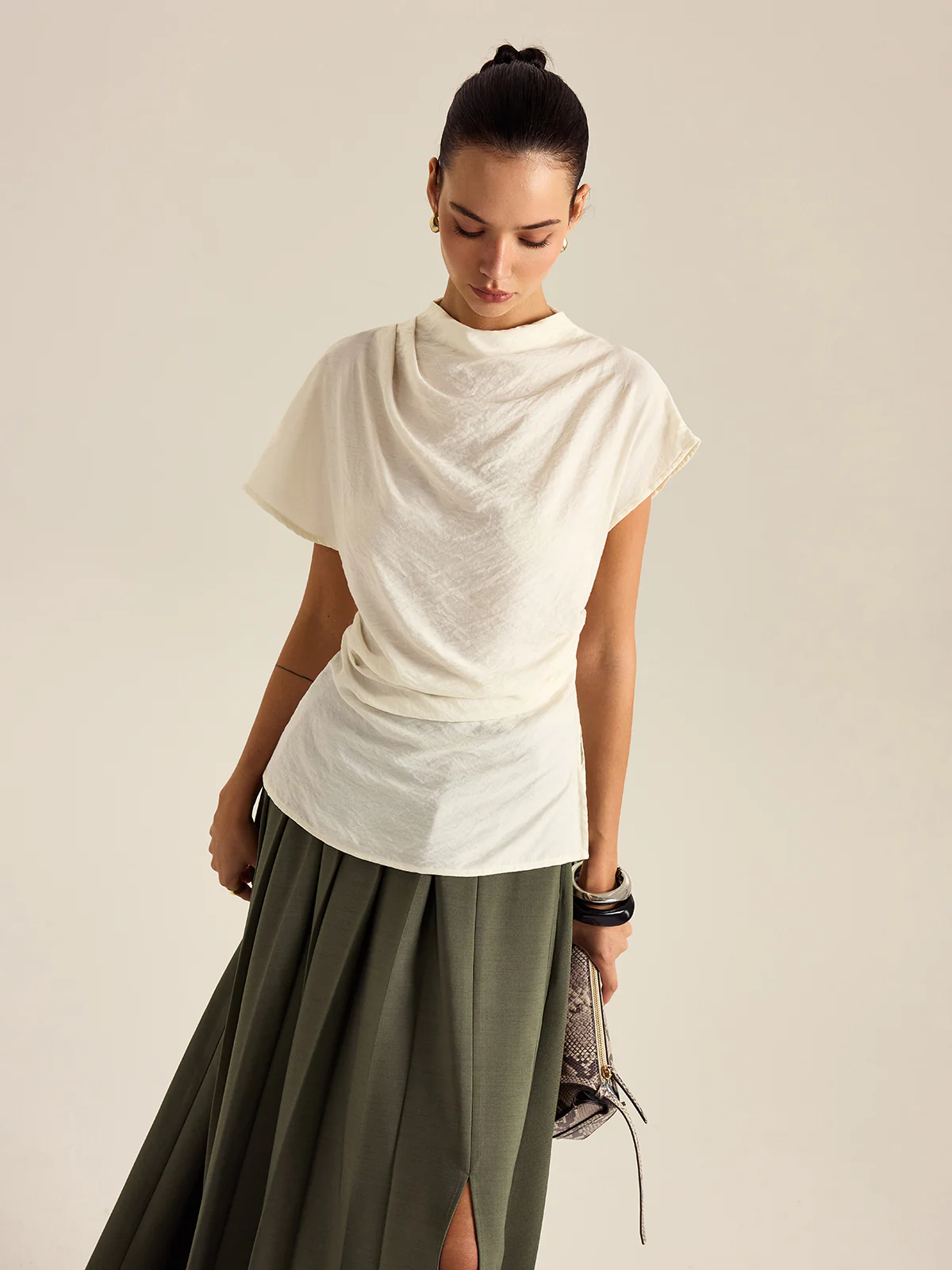 Draped Mock Neck Blouse - Wholesalesil