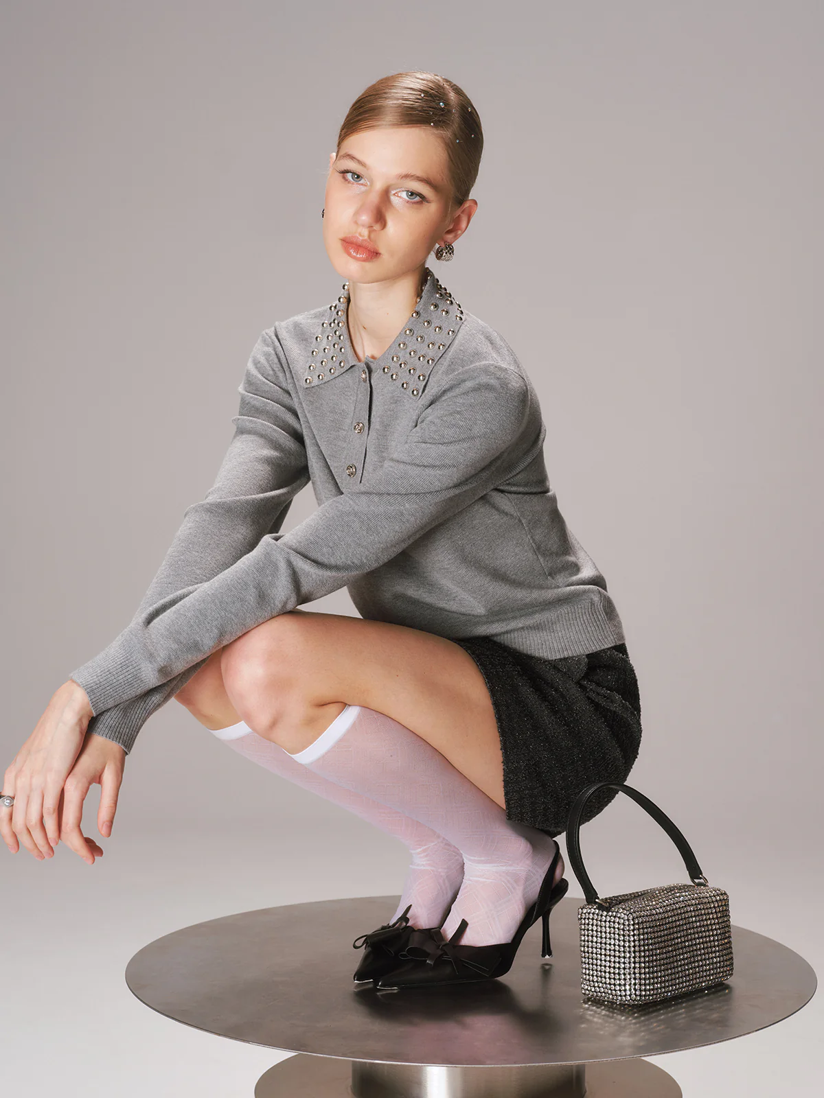 Studded Collar Wool-Blend Knit Polo Sweater - Wholesalesil