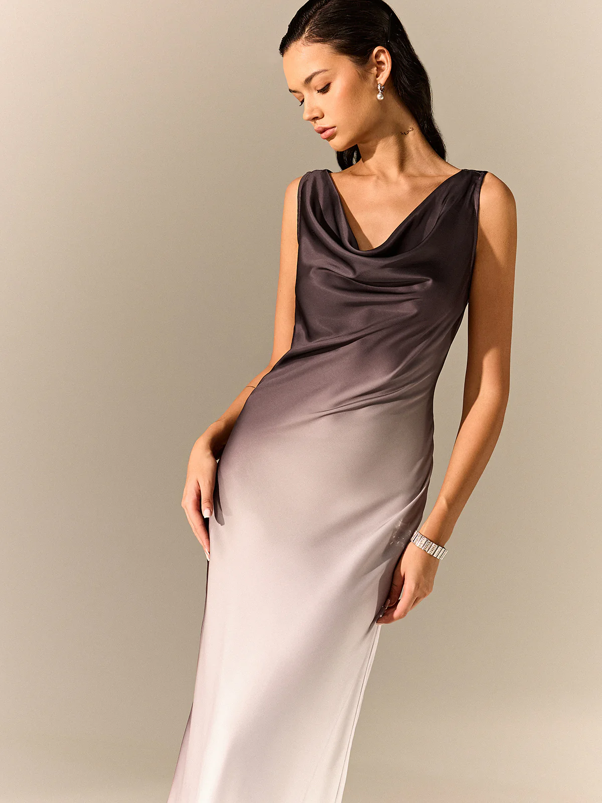 Ombre Satin Cowl Neck Maxi Dress - Wholesalesil