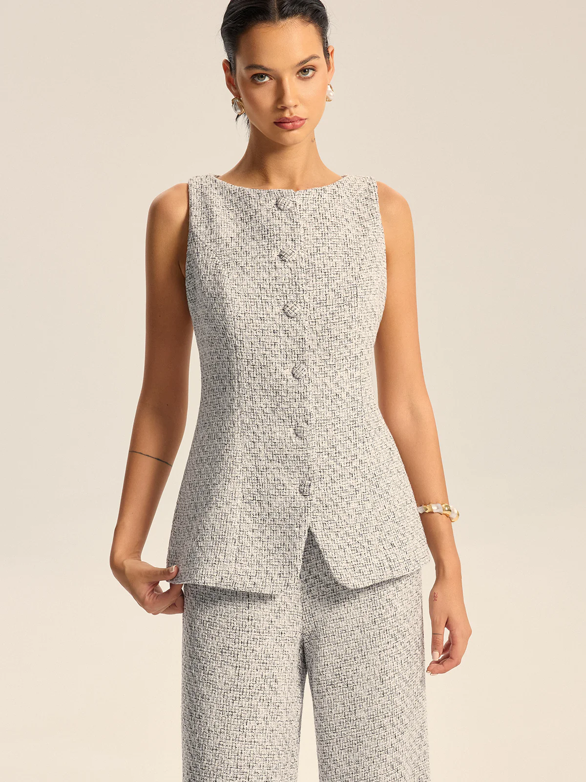 Textured Tweed Button Vest - Wholesalesil