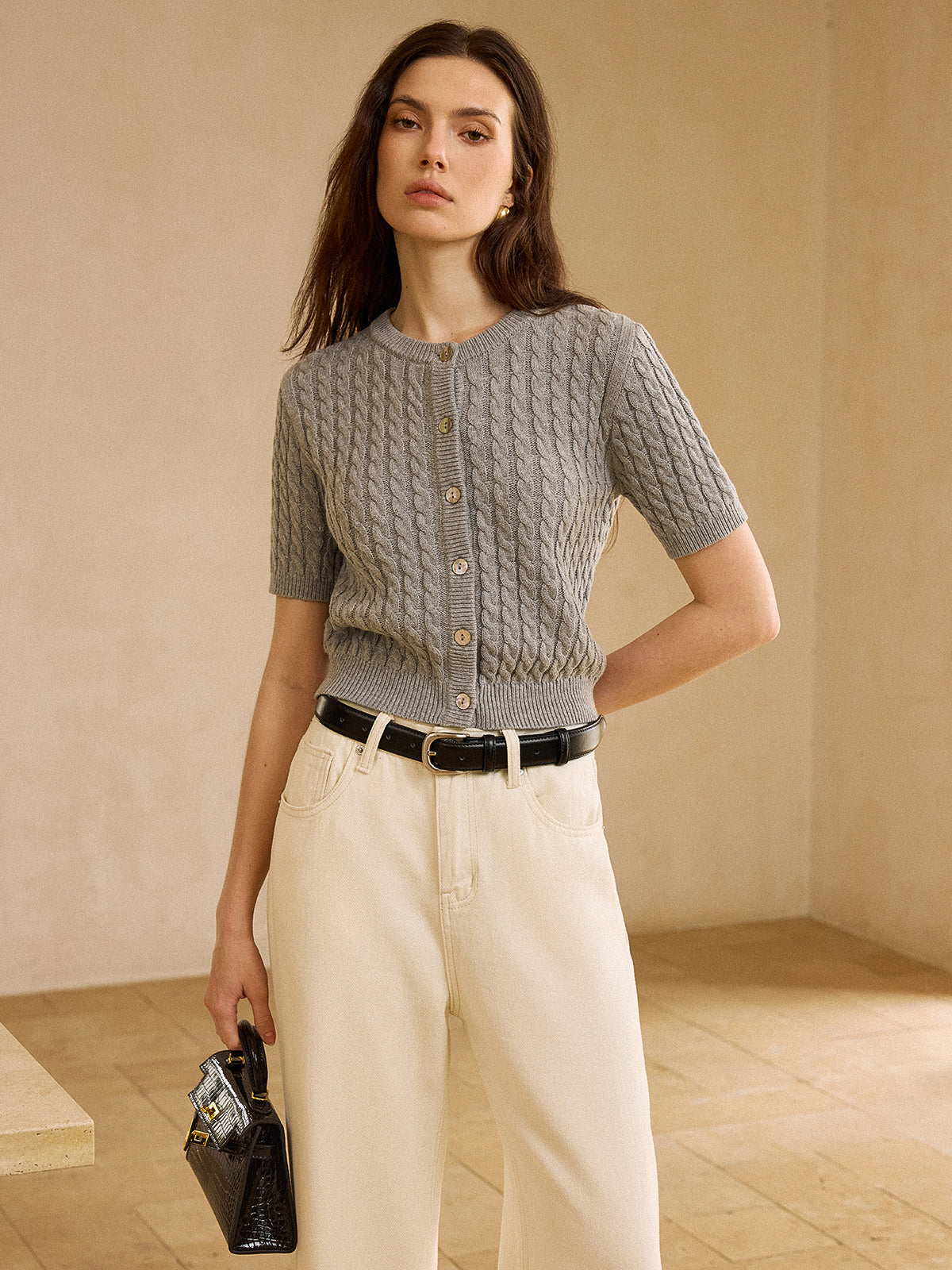 Cable Knit Short-Sleeve Cardigan - Wholesalesil