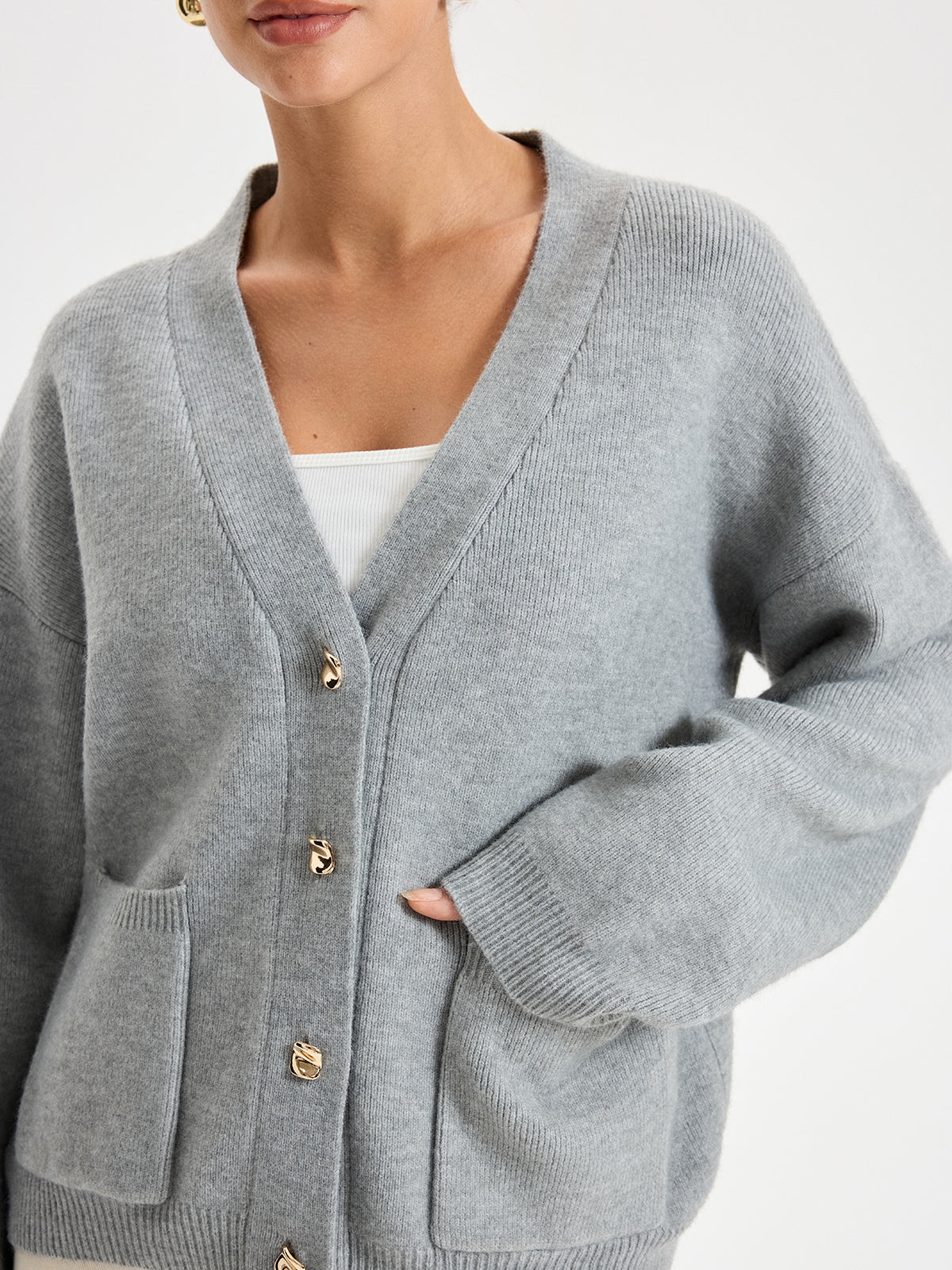 V-Neck Pocketed Metal Button Cardigan - Wholesalesil